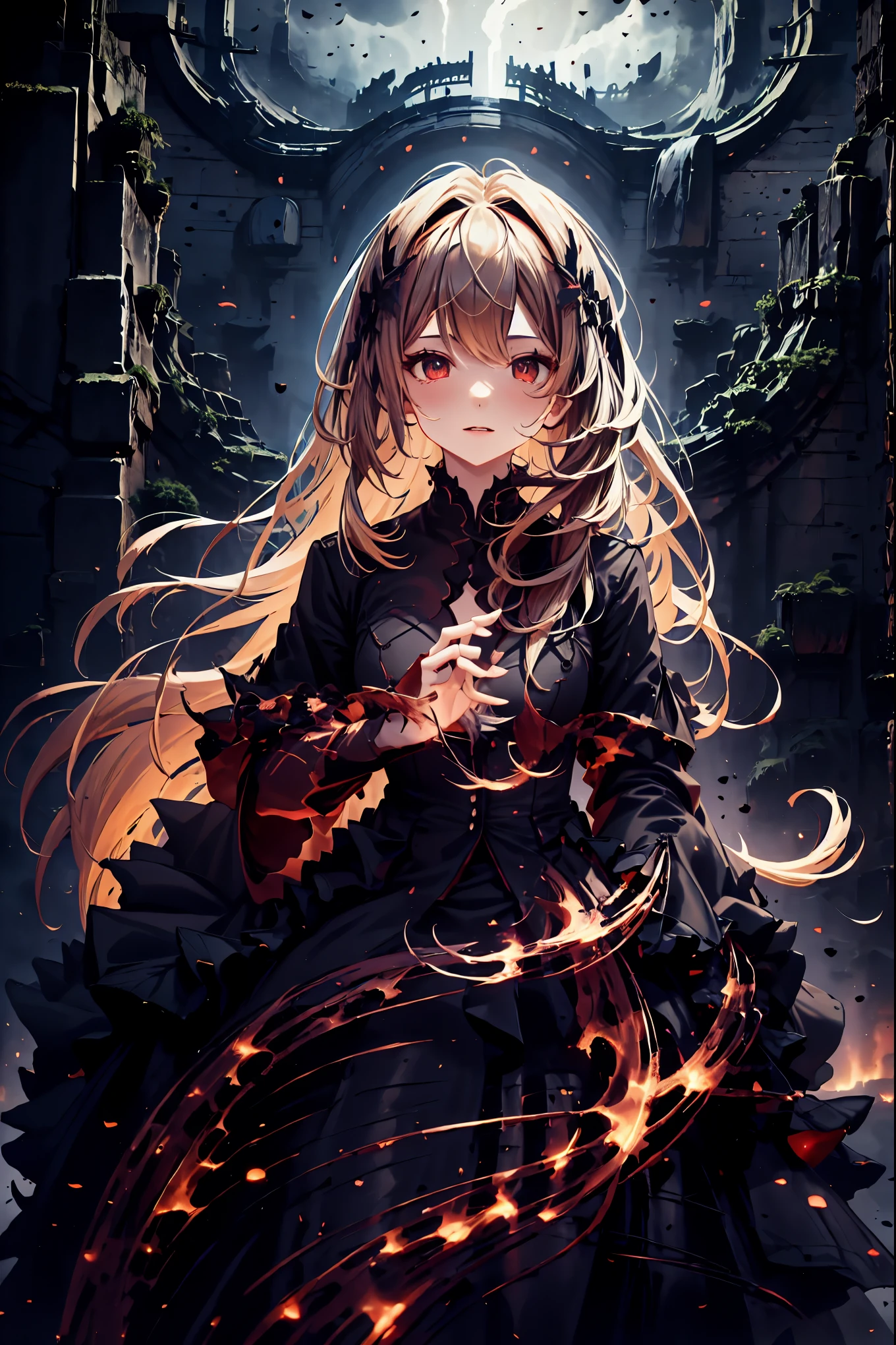 There is only one vampire left in this world,Thousand Years of Solitude,Crimson Night、Shadows ,The World of Vampires,Family of Vampires,Crimson Night、Shadows , Detailed Realistic Portraits,Blonde,bust shot,gem,black tiara,pale face,Inflammation,delicate texture,Realistic composition,dynamic perspective,Dark Gothic Atmosphere,Medieval Europe, ANCIENT CITY,meteor、空から降り注ぐmeteor、無数のmeteor群,I can see the fangs,1 woman,Heavy texture ,amazing lighting,Deep Shadows ,Using Dark and Delicate Colors,painterly texture,high resolution,4K Digital Art,realistic textures,Professional,EXTREME DETAILS,Vivid Color,Bokeh