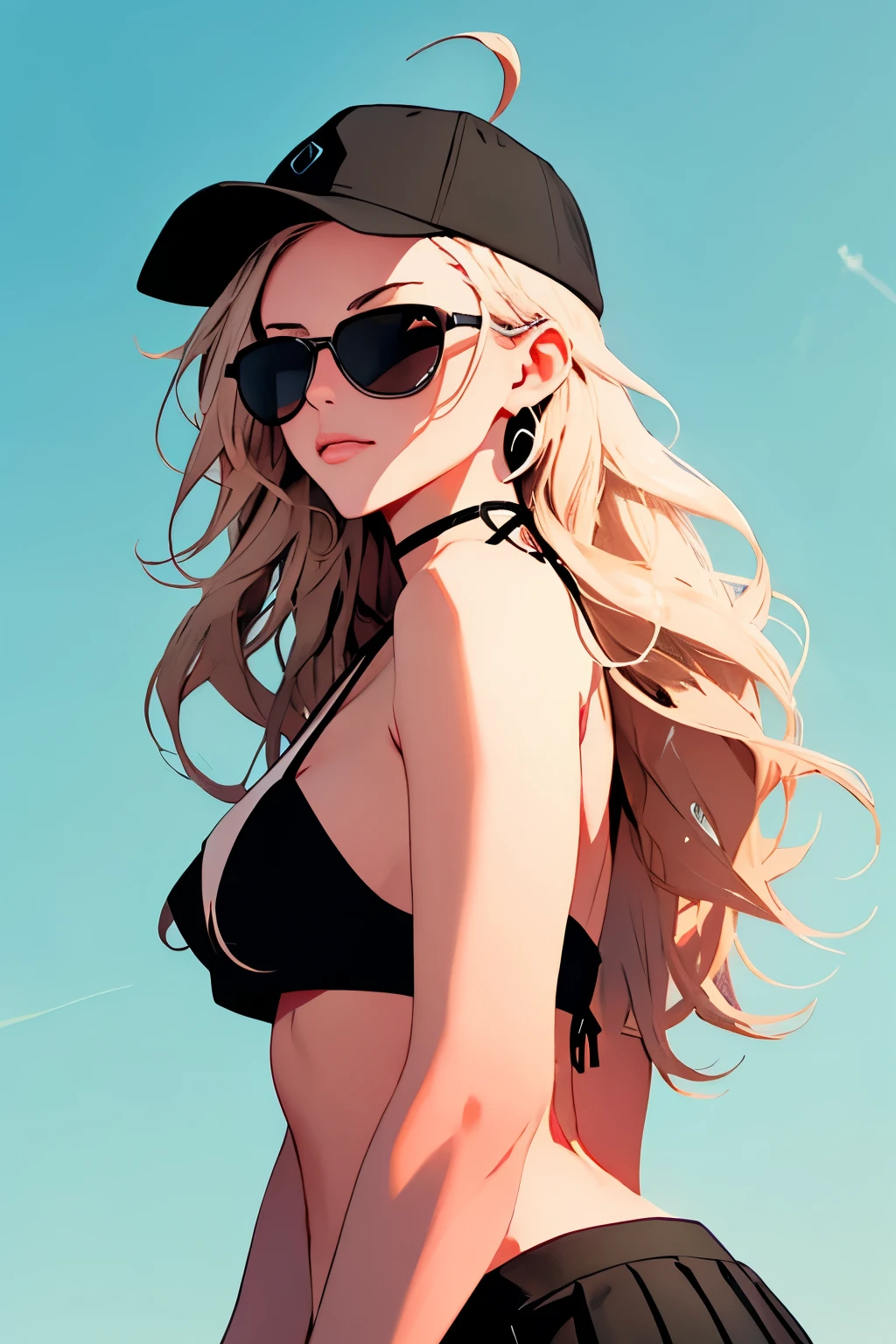 1girl,open jacket midriff black bikini pleated skirt belt,black headwear,thigh boots,yang xiao long,ahoge,purple eyes,open jacket midriff black bikini pleated skirt belt,Amazing portrait of a sexy woman wearing her blonde hair long and curly, yang xiao long from rwby, bishamon from noragami,seductively gazing and sorridente, soft lips, camiseta white and pink, pink sunglasses, medium chest, Corpo perfeito, 2d illustration, anime, a painting portrait in fine arts, in manhwa style, mature, blond hair, ((very long hair)), big hair, ((wavy hair)), {{purple eyes}}, makeup, beautiful, high definition, masterpiece, best quality, high detail, high detailed eyes, grain filter, Detailed lips, high resolution, ultra-detalhado, retrato, mulher caucasiana, realista proportions, Anatomicamente preciso, bochechas rosadas; dark lighting, alta qualidade, premiado, high resolution, 8k,, summer, lascivo, film grain, Ilford HP5, 80mm, strong woman, confident, black clothes, (Obra de arte:1.2), melhor qualidade, pixiv, Garota legal,, cabelo loiro, , choker nacklace, earnings, dutch angle, flowers around her