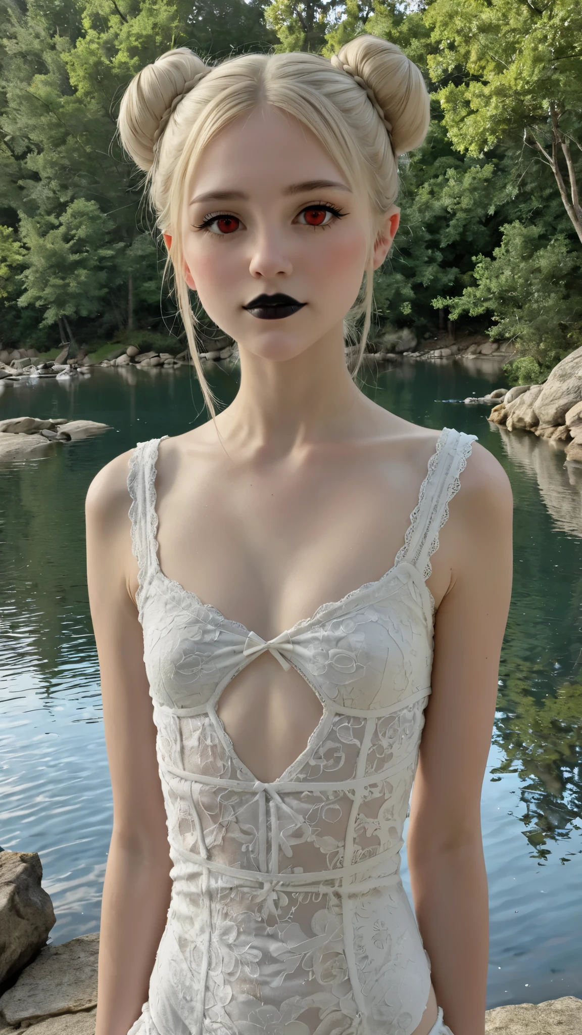 A girl carefully drawn down to the smallest detail、incomparable beauty、cute face、Little Red Cheeks and Nose、super detailed eyes、very detailed顔と瞳、small nose、(((standing peacefully、Pure White Skin、red eyes in the center of the lake、Black Lips、expressionless)))、dark fantasy、Erotic Expression、hair bun、Blonde、Elegant Dress、small breasts、capital、Dark reception room、A gorgeous ornament that invites the camera's gaze、soft lighting、soft lighting、masterpiece、replace、super resolution、Highest Image Quality、very detailed、