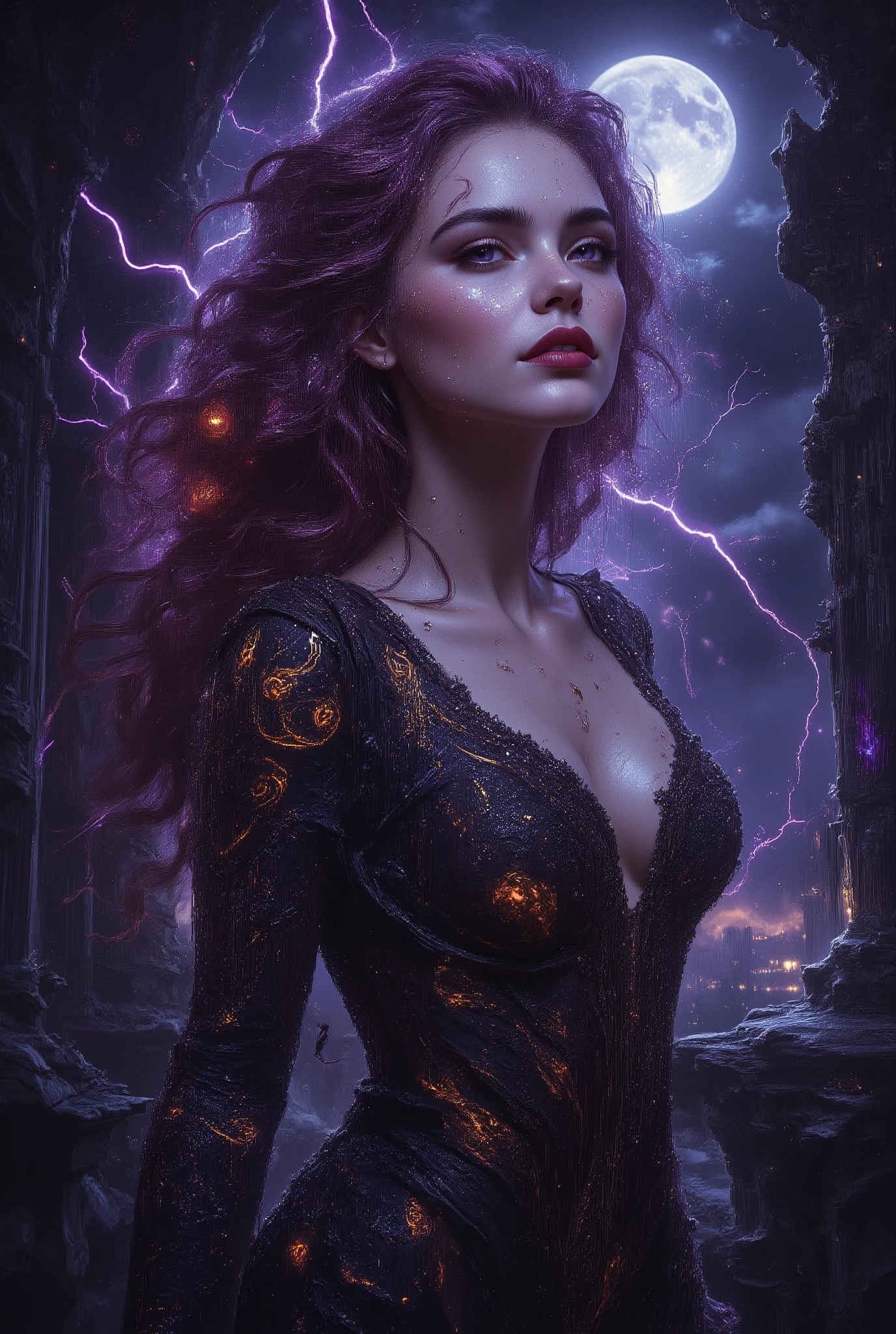 Intimate semi realistic surreal portrait of a divine siren goddess, full bodied and gorgeous, oil painting with expressive brushstrokes, impossibly beautiful eyes like deep cosmic pools - huge and mesmerizing with gold-flecked violet irises burning with inner fire, framed by thick dark lashes casting dramatic shadows on her perfect cheekbones, face of devastating angelic beauty with sharp European features that transcend human perfection, high aristocratic cheekbones with intense iridescent glow, full pouty lips painted deep wine red and parted in a seductive half-smile, luminous alabaster skin like living moonstone contrasting with deep shadows, statuesque goddess form with dangerous curves arched provocatively on black marble balcony carved with glowing ancient runes, skin-tight black silk dress soaked by sea spray clinging to every divine curve like a second skin, plunging neckline with large beautiful cleavage revealing flawless décolletage adorned with hypnotic swirling marks that pulse with starlight, cascading crimson hair with deep purple undertones floating wildly in supernatural wind, generous natural curves straining against the midnight silk that ripples like liquid shadow, long graceful neck arched back exposing throat adorned with glowing sigils, piercing eyes holding an irresistible magnetic gaze, atmosphere electric with dark romantic energy, blood moon casting crimson light through storm clouds while aurora borealis dances in violent purple and gold, razor-sharp crystalline structures growing from ancient stone like frozen lightning, otherworldly mist coiling possessively around her figure, pose radiating both power and invitation, extreme contrast between light and shadow, masterwork quality, photorealistic detail, dark fantasy romance, 8k resolution