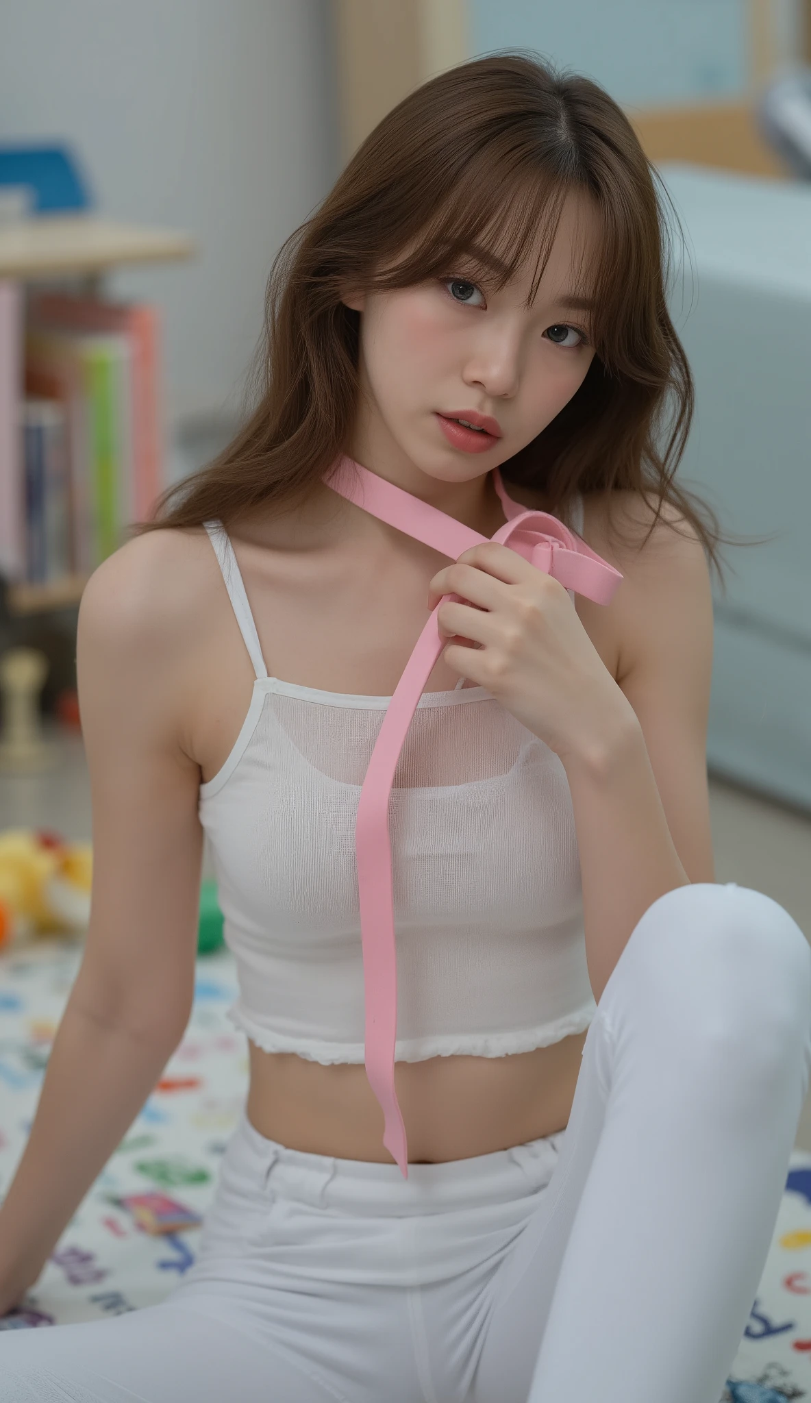 Alluring view of a pretty 22-year-old college girl in a daycare on the floor with spread legs The beautiful girl has pale freckled skin, a pale body, and very small perky breasts. brunette hair Holding a pink belt around her neck, wearing sheer white leggings (perfectly shaped butt), a white tanktop (strap off the shoulder), adorable skinny body She looks surprised and offended. Gasping as she looks at me. Background is a daycare filled with toys and books.