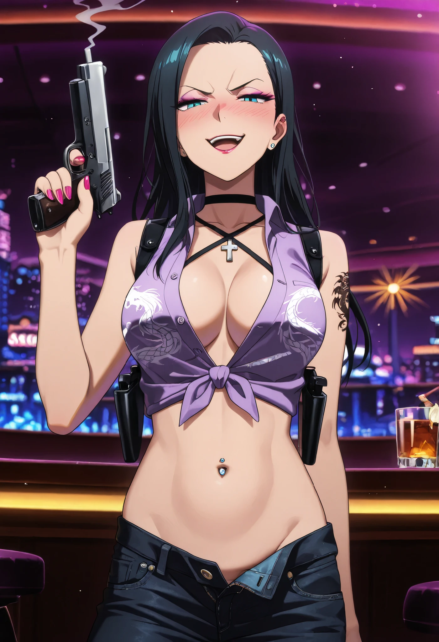 masterpiece, best quality, amazing quality, depth of field, girl,,  long hair, black hair, forehead, teal eyes, , nail polish , , makeup , ear piercing , long hair , lipstick , Hot girl , baddie , smoking , sensual , attractive , choker ,  cross necklace ,purple top, sleeveless, , drunk, solo,bar background, inside bar, indoors, cityscape, casino, nightclub, city lights,, pull_down jeans(show off panties,:1.2, no panties),masterpiece,high quality,4k,belly,,holding pistol,cleavage, tied shirt,,unbuttoned shirt, collared shirt, knot, smile, open mouth, (nsfw) not safe for work, evil expression,belly, exposed navel, exposed midriff, exposed lower belly,dragon print jacket, unbuttoned jeans , low rise black jeans, Low rise jeans with open fly, motorcycle jacket, criss-cross halter with center opening, shoulder holster, navel piercing ,medium large breast ,,looking at viewer , dragon tattoo on waist, narrowed eyes, tattoo on waist, anipai_style , anime screencap , anime coloring, v-shape eyebrows,