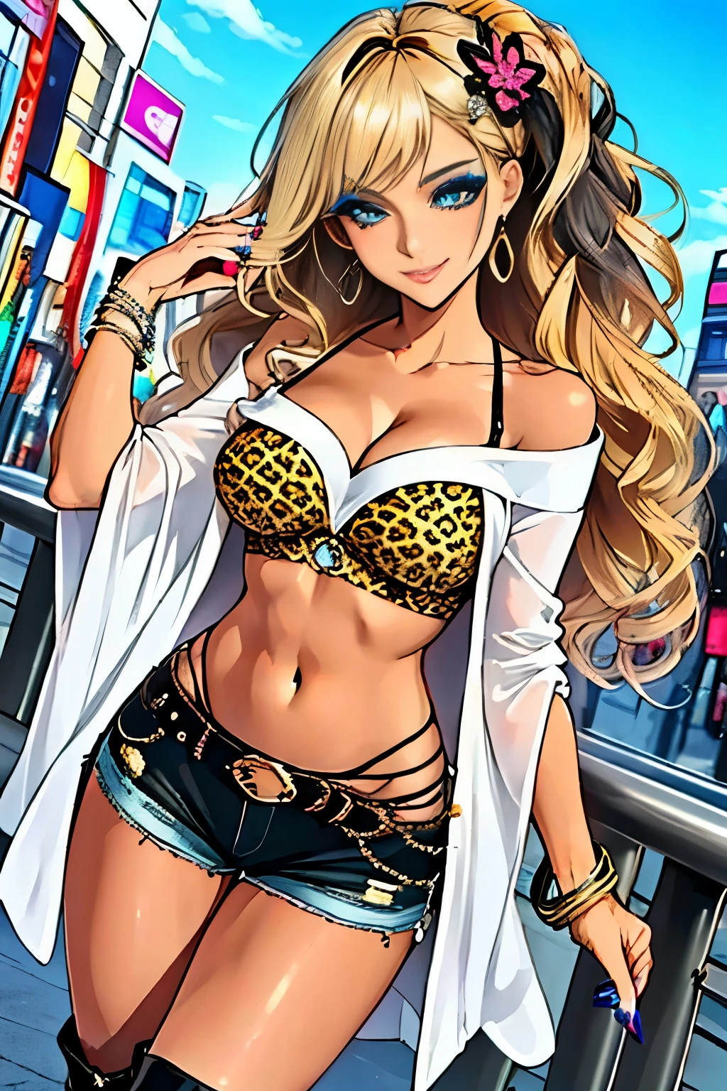 (masterpiece, best quality, high resolution, 8k:1.2), (anime coloring:1.2), highly detailed, sharp detailed, textured skin, soft lighting, ultra high definition, beautiful body, beautiful skin, beautiful breasts, beautiful arms, beautiful hands, beautiful legs, beautiful face, beautiful eyes, symmetrical eyes, (slim, lanky), (1 girl), (tanned skin:1.1), (gal makeup, false eyelashes, gradient eyeshadow), (blonde hair, long hair, wavy hair, hair ornament), (fingernails, nail polish), (collarbone, tattoo, off shoulder, leopard print, navel, shorts, bracelet, jewelry, boots, gal fashion), (japanese city, shibuya city, day, blue sky), smile, looking at viewer, dutch angle, soft gradient eyeshadow, subtle fine shimmer, seamless blend, two-tone layered eyeshadow technique,
