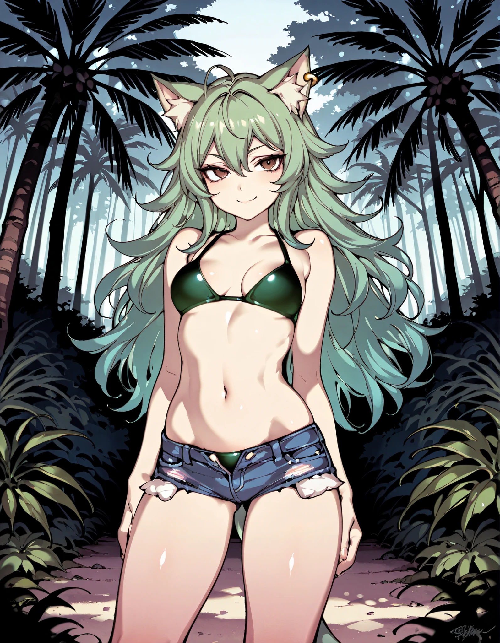 Source_anime, cute female, fishine style, 1girl, cat girl BREAK 

Cat ears, animal fluff ears, green ears, white fluff, long hair, messy hair, green hair, small breasts, single ear piercing, bronze piercing, brown eyes 

Green bikini top, navel, denim shorts, 

Naughty face, front view, standing, smile, closed mouth,  looking at viewer 

Outdoors, daytime, tropical forest, tr0p1c4l
