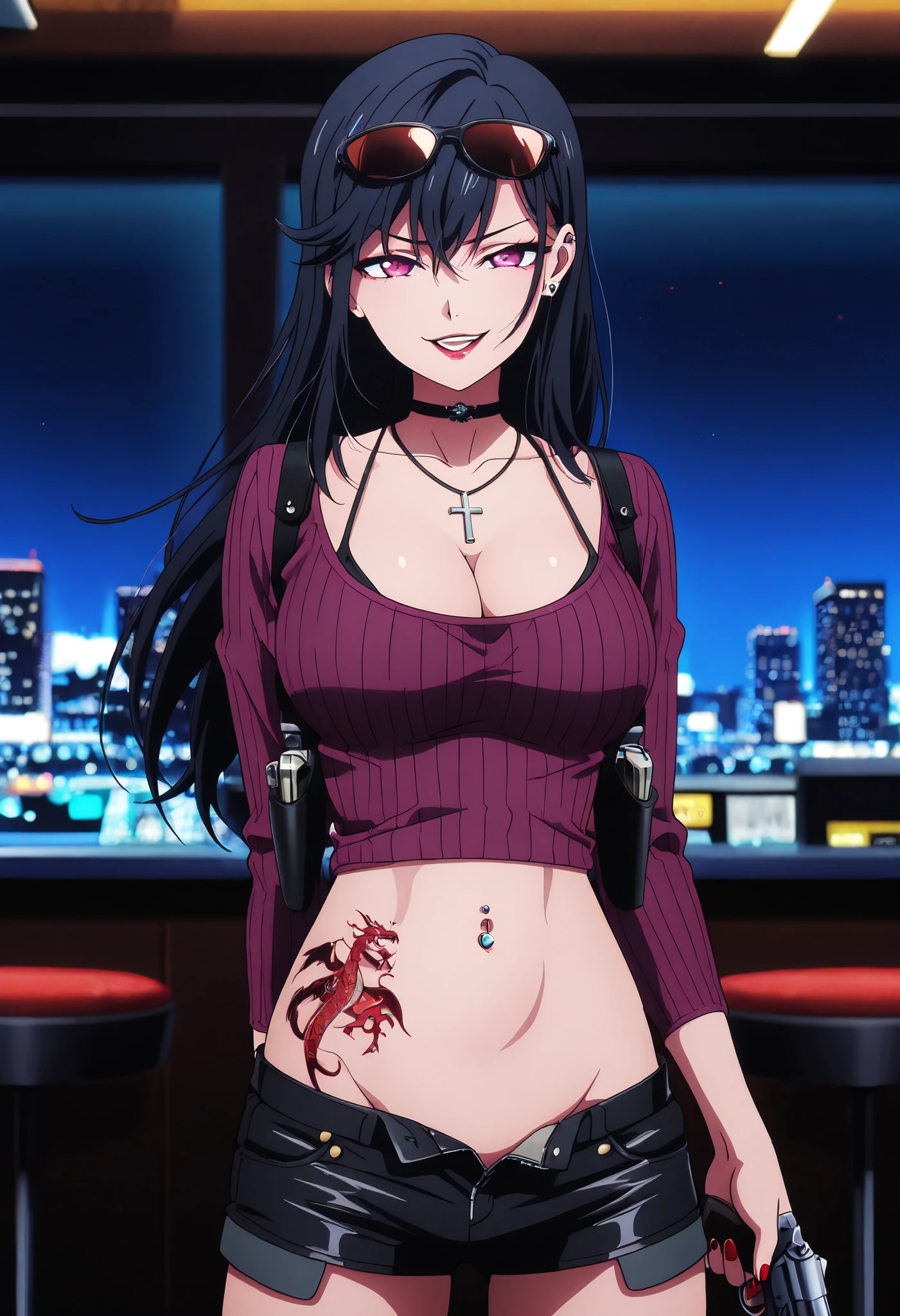 masterpiece, best quality, amazing quality, depth of field, long hair, black hair, purple eyes, purple sweater, , nail polish , , makeup , ear piercing , long hair , lipstick , Hot girl , baddie , smoking , sensual , attractive , choker , cross necklace ,bar background, inside bar, indoors, cityscape, casino, nightclub, city lights,, masterpiece , best quality , highly detailed , a girls with a gun , evil smile , open mouth , gaze , badass pose , evil smile , smile , () , guns blazing , anime girl with long hair , beautiful long haired girl , navel , evil expression , exposed belly , exposed navel , exposed midriff , exposed lower belly , , cleavage , unbuttoned shorts , open fly , shorts , short shorts ,, leather jacket , holding a gun , holding pistol , unbuttoned shirt , collared shirt , knot , pull_down shorts , black short shorts , (show off panties , :1 . 2 , no panties) , zip up leather jacket , top ,,, navel piercing, sunglasses on head,,, shoulder holster, medium , waist dragon tattoo, narrowed eyes, tattoo waist, , anime screencap , anime coloring, looking at viewer , v-shaped eyebrows,
