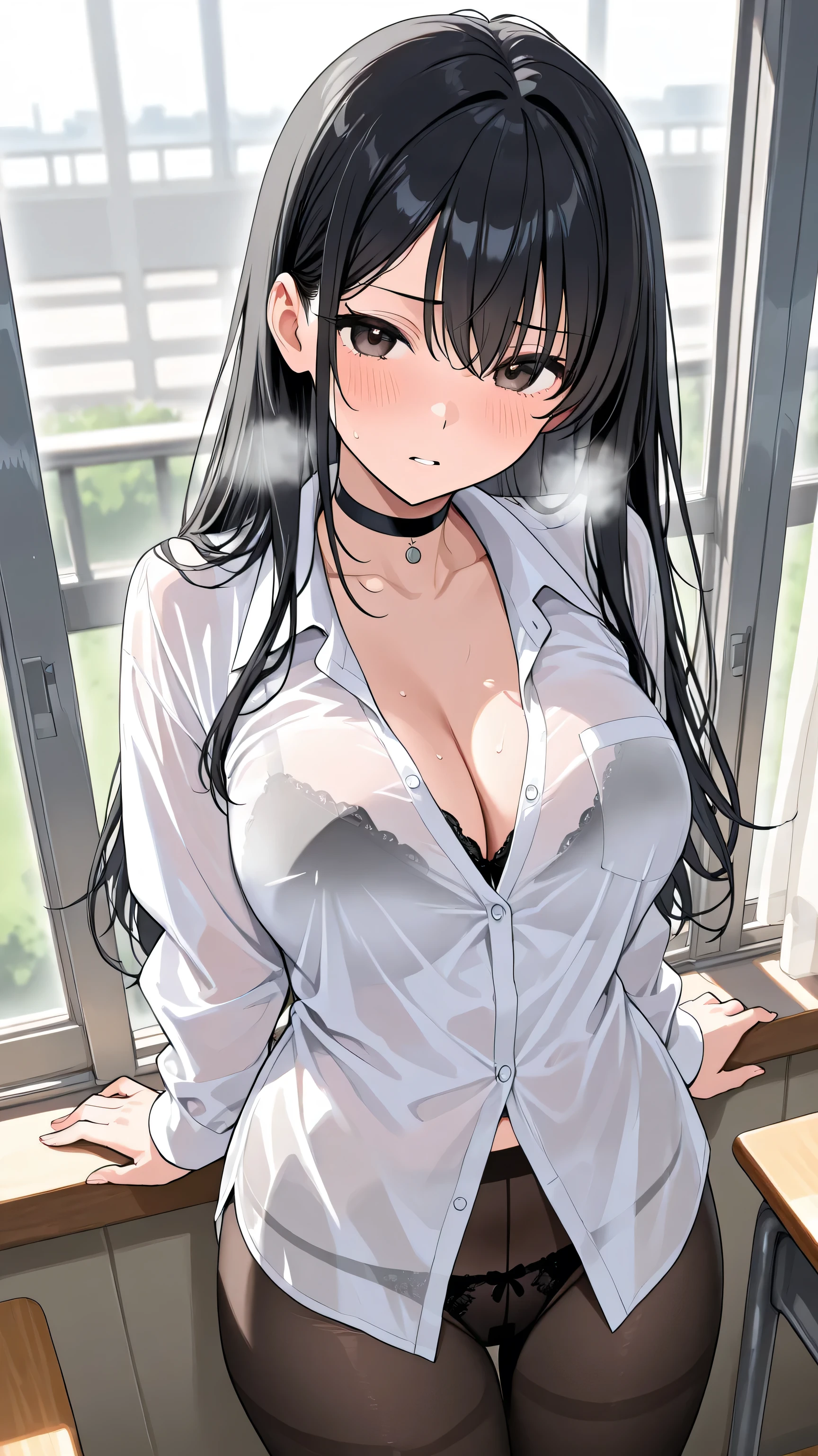1 girl、black hair semi-long high school girl(Sheer transparent white blouse、black tights、black choker、Black Bras、black panties)、looking out the window in the classroom、Erotic Expression、Breathe