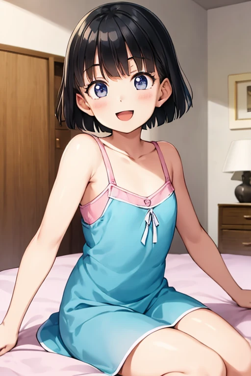 female,camisole,bedroom,smile,very short hair,slender