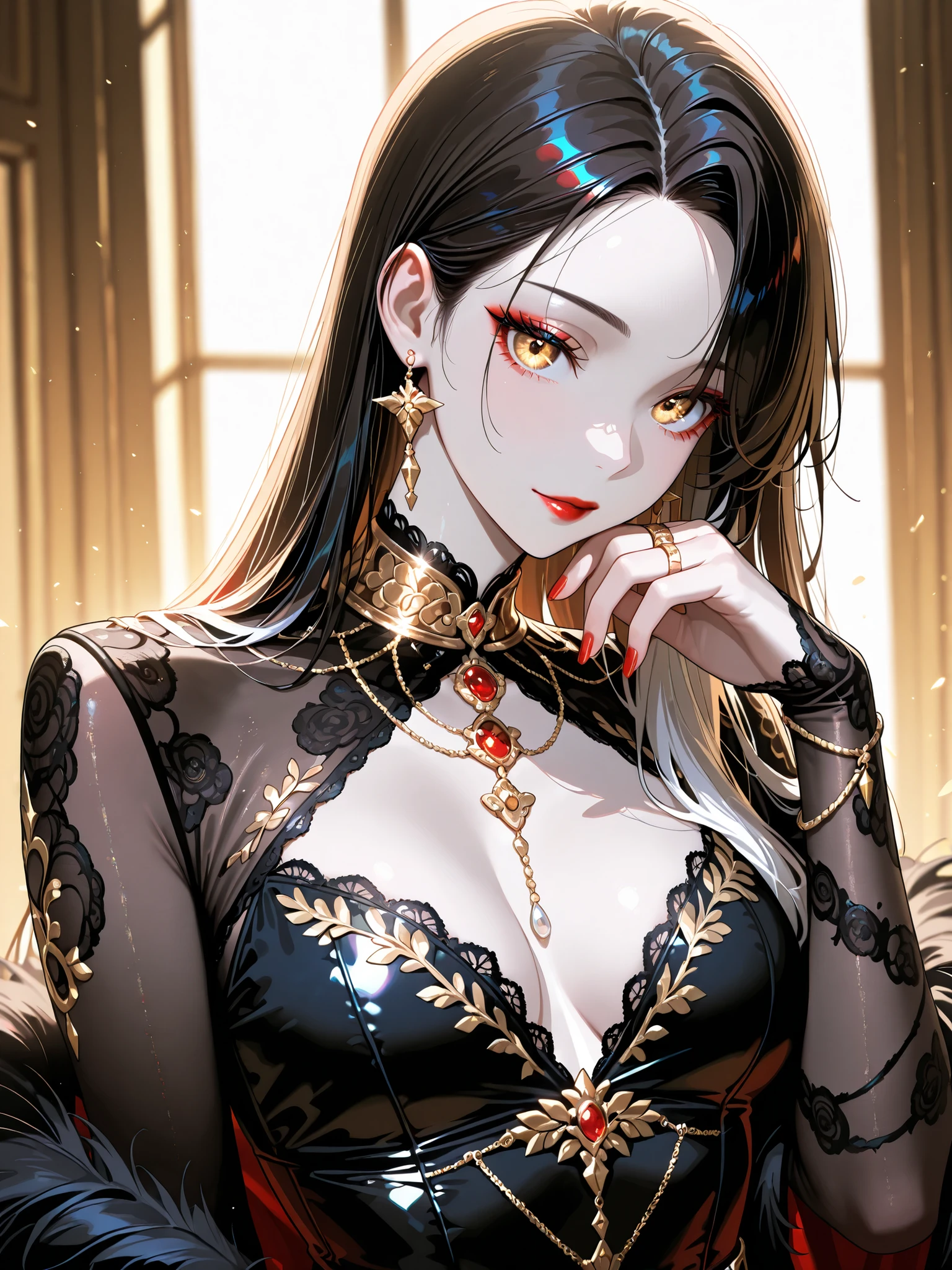 a young supernatural beauty, with pale skin and red lips. Her eyes are golden. His hair,  Short and Dark , falls on her shoulders. She wears silk and dark velvet clothes with lace, adorned with silver and gold jewelry.