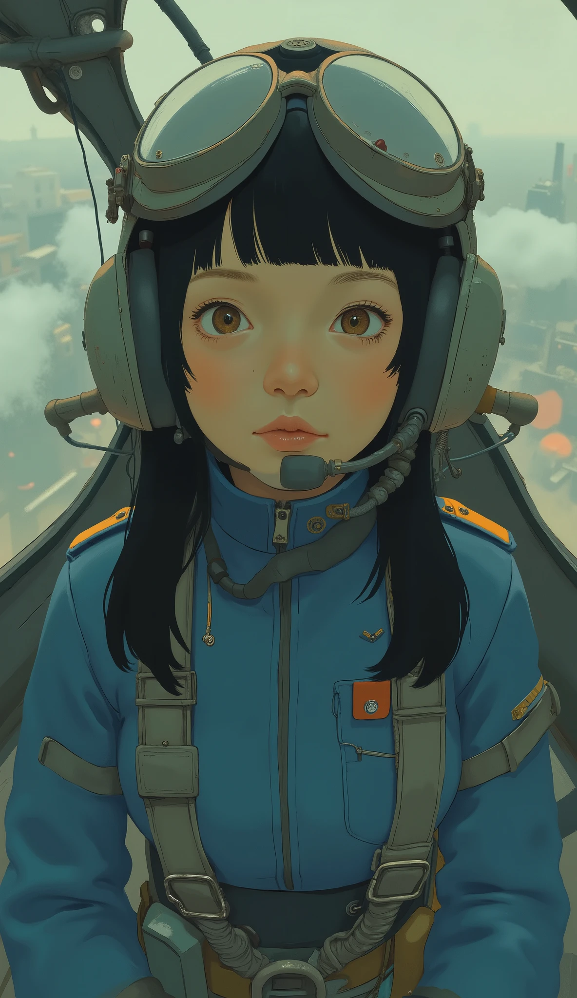 front、taken from above、 Female Pilot ,blue pilot suit,Helmets,cockpit with a view of the outside, is narrow,Sitting in the cockpit of a 、monitor、front、in flight