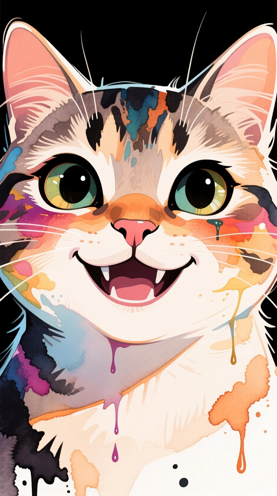 wtrcolor style, Digital art (Cat character), Official Art, frontage, Smile, masterpiece, prette, ((aquarelle)), Face painting, ink slash, Fine Details. very detailed eyes in Artstation, [drip:0.5], lois van baarle, Rachel Walker