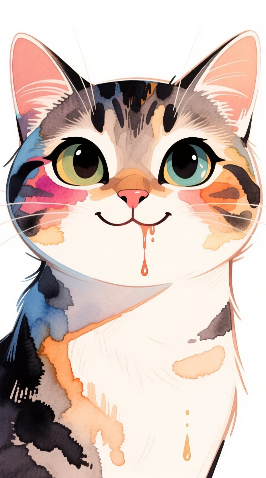 wtrcolor style, Digital art (Cat character), Official Art, frontage, Smile, masterpiece, prette, ((aquarelle)), Face painting, ink slash, Fine Details. very detailed eyes in Artstation, [drip:0.5], lois van baarle, Rachel Walker