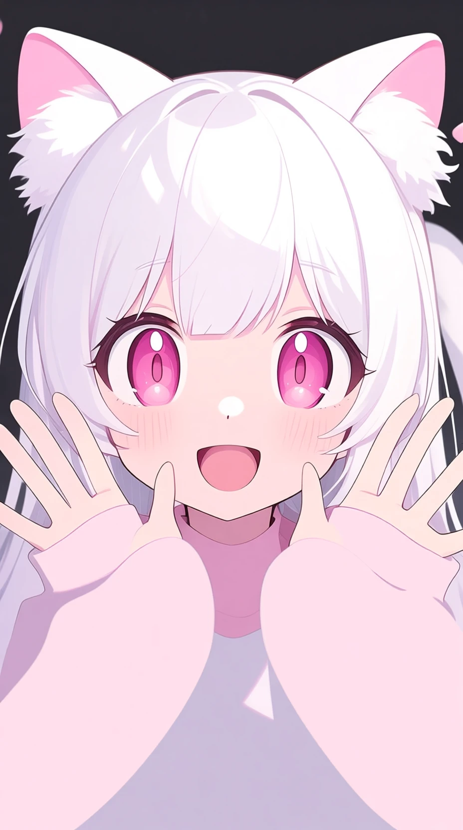 An anime girl with a pair of cat ears, Soft white fluff on the inside of her ears, She opened her eyes and was curious, See me, beautiful eyes, gray hair, Pink eyes, good art, good drawn, Two-dimensional anime, 2d, adolable, Each hand has 5 fingers she is excited and happy, beatiful hands, Nicely drawn hands, 4k, 8k,
