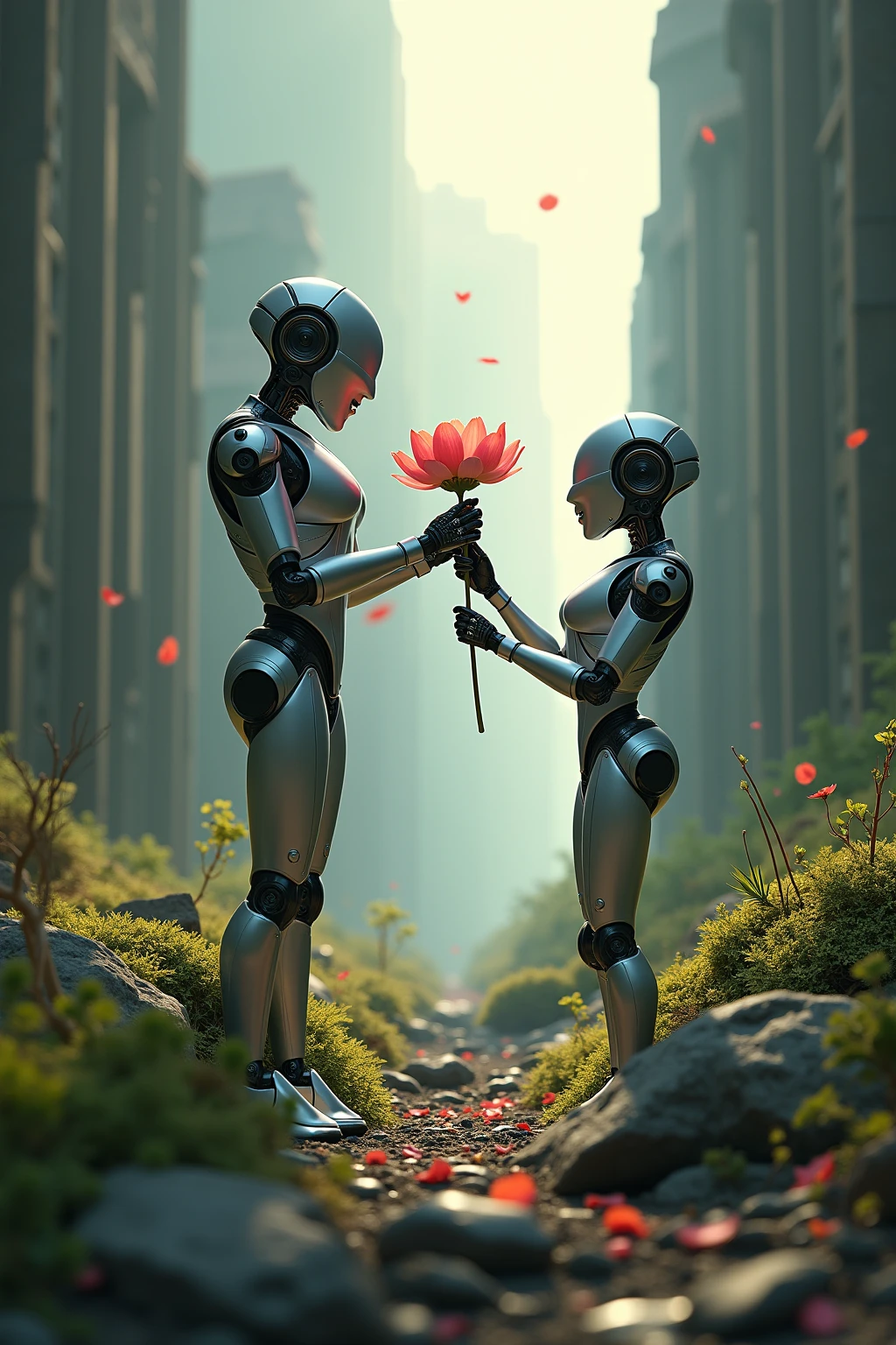 Futuristic robots gently holding a blooming flower in their hands while standing in ruins replaced by nature. This moment evokes the balance of humanity and decay. illustrated in a sci-fi surrealist style, combines metallic textures with soft natural gradients. soft edge light, moss and petal details. cinematic finish, ultra-clear rendering, Emotional core.