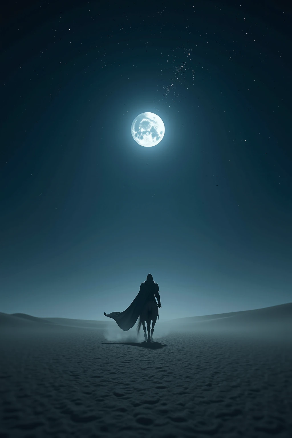 A lone knight crossing a vast desert under a starry night sky, only illuminated by moonlight. stars twirled subtly, as if time stopped. depicted in a magical realist manner, This digital work combines surreal composition with photographic lighting logic. Heavy shadows, Silver gradient, flowing dust trajectory. Masterpiece rating, 4k, atmospheric render.