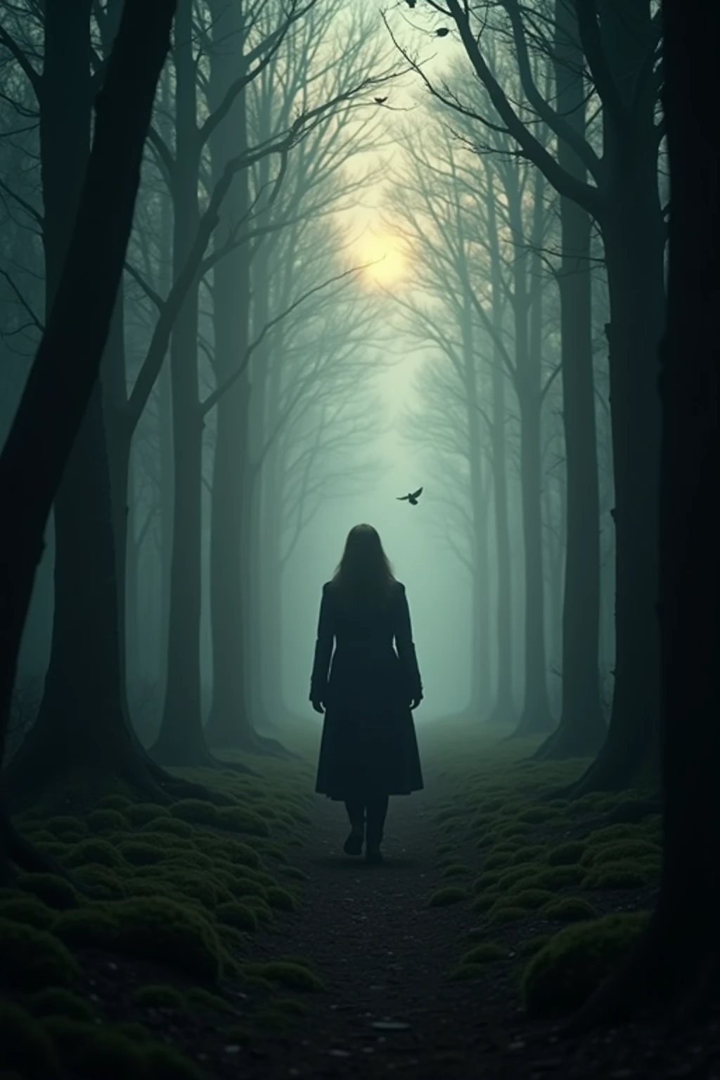 A At dawn，a mysterious woman in a long dark coat walked alone through a dense forest of fog. Her face is covered by shadows, as she moved silently along a mossy path，birds scatter above. The atmosphere is quiet and unforgettable, to the film, Black style digital media illustrated. Soft volumetric light passing through the trees, Create layered, Three-dimensional effects. masterpiece, misty realism, Subtle color grading, ultra-fine brushwork.