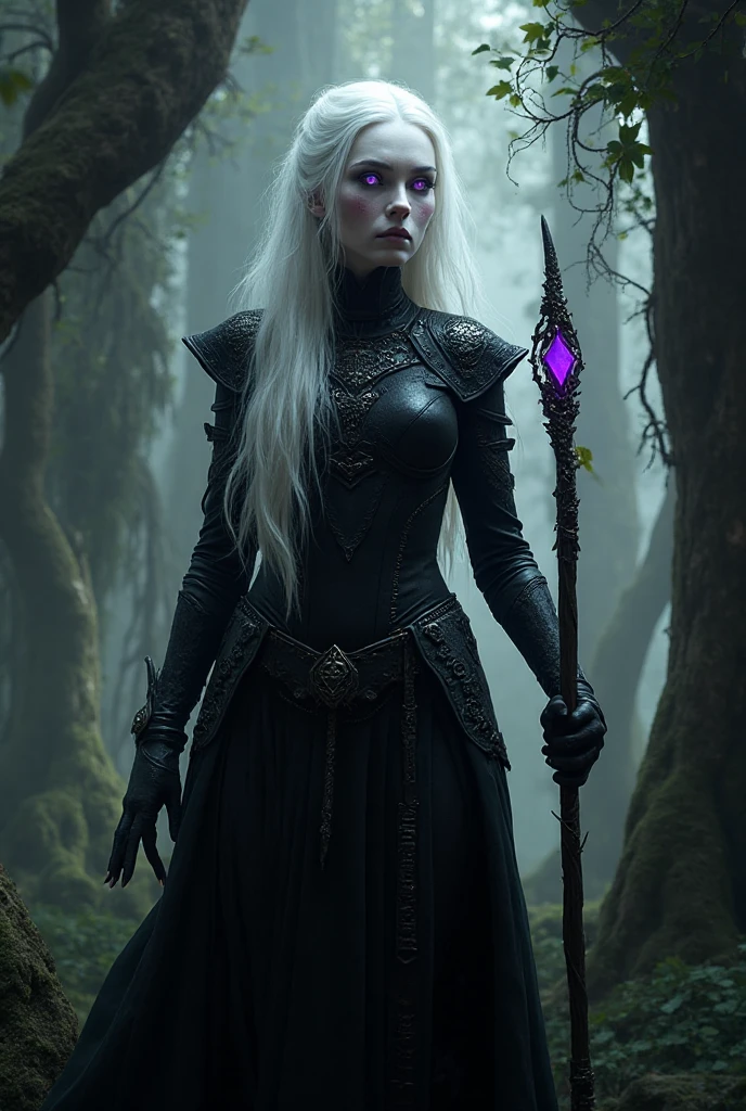 (best quality,highres:1.2),(realistic:1.37),dungeons and dragons drow,detailed face,long white hair,piercing lilac eyes,pointed ears,ethereal and mysterious atmosphere,elven-like features,female warrior dressed in black leather armor and cloak,holding a deadly dual-bladed sword,tattoos on her arms depicting intricate spider webs,standing in a dimly lit underground cavern,illuminated by a single magical blue crystal,casting eerie shadows on the damp stone walls,distant sounds of dripping water echoing through the cavern,the air filled with a sense of danger and anticipation,subtle purple and blue color palette,evoking a sense of otherworldliness,A world of myths and magic.