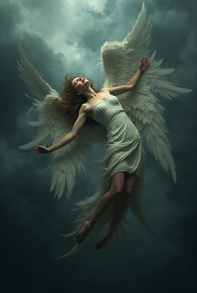 A surreal dramatic scene of a female angel falling from the sky - SeaArt AI