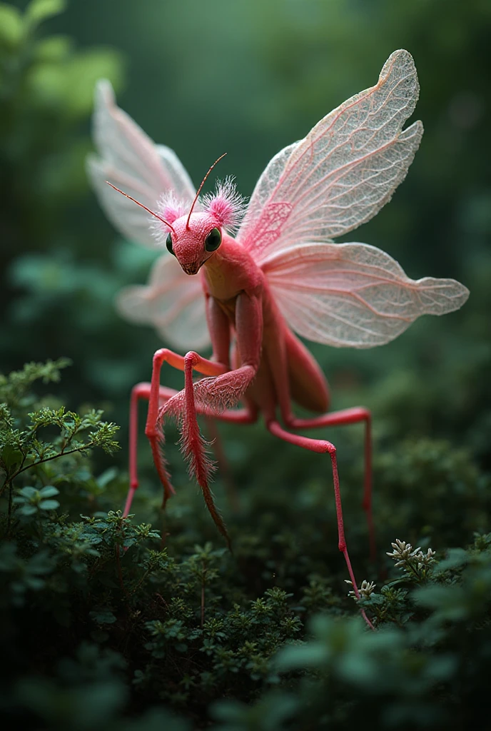 orchid mantis, pale white with pink highlights, hiding on white orchid, preparing to ambush prey, insect macro photography, extremely detailed, high resolution, photorealistic, natural lighting, depth of field, seamless blend of mantis and orchid, vibrant colors
