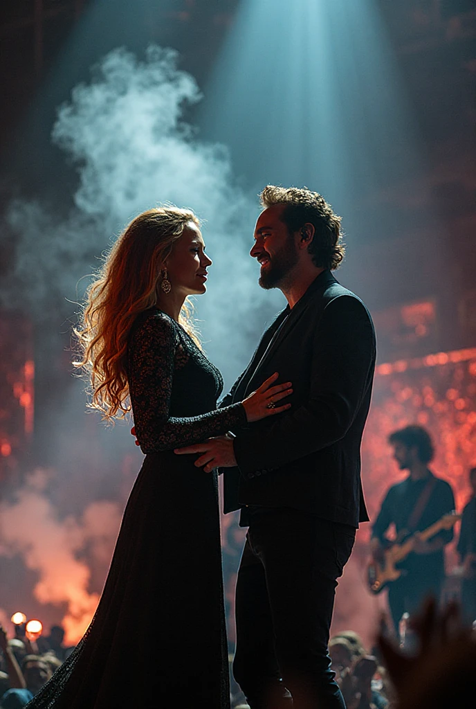 cinematic photo analog style portrait of an a  ((ohwx woman)) that is hugging a man <lora:ulti_lady_gaga_sdxl:1.2> . wes anderson movie, still from stanley kubrick movie, 35mm photograph, film, bokeh, professional, 4k, highly detailed