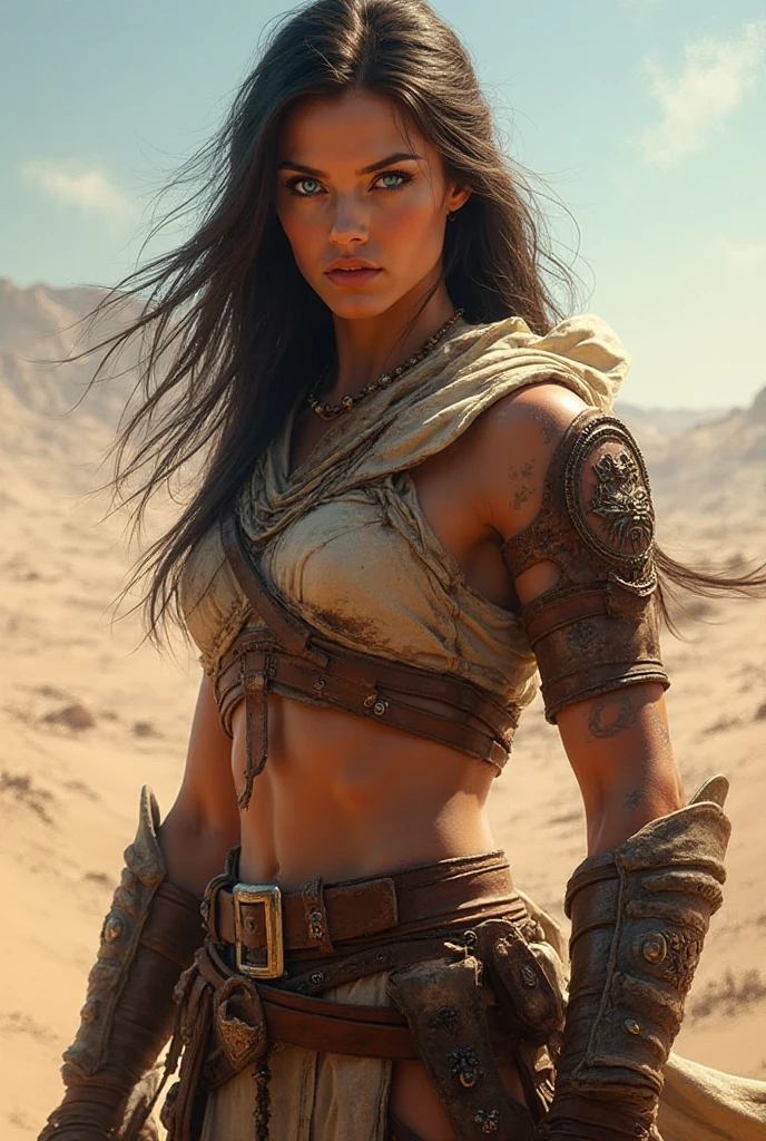 (meisterwerk, Digital art) sexy athletic beduin arabian outfit desert robes  Lara croft perfect face, standing in front of a giant excavation of many poor workers in a sand and rocky desert beforemontains , in a  pose, full body view 