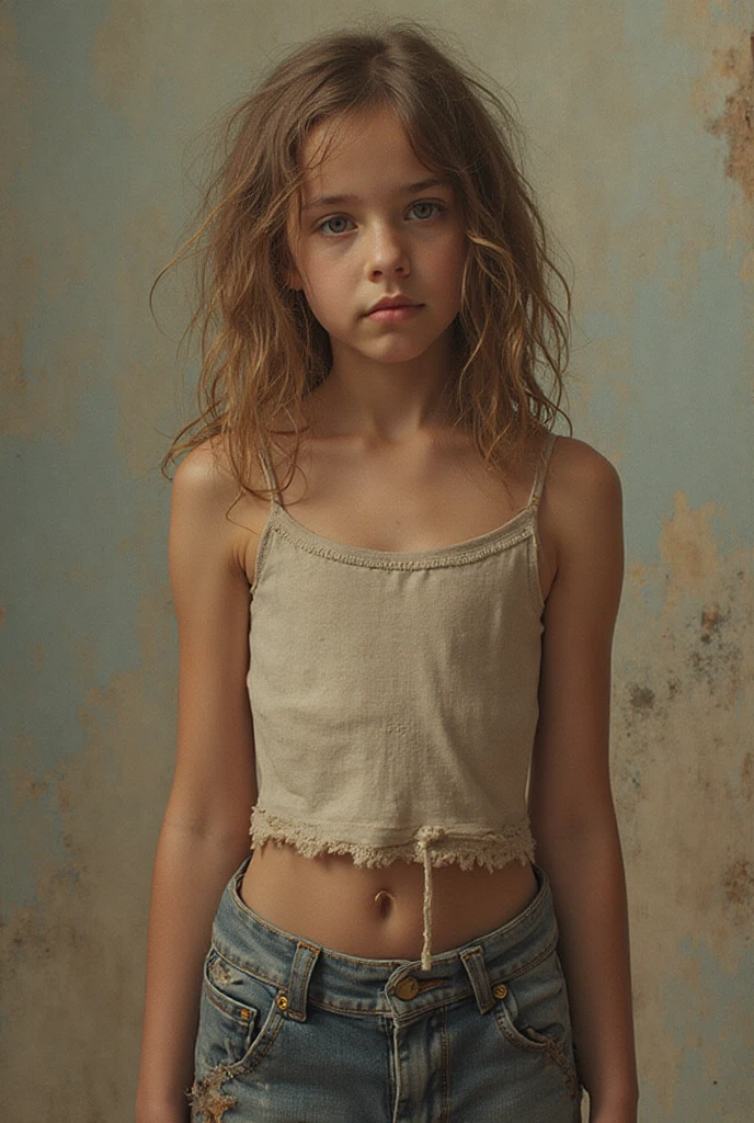 1girl, 14 years old, idol, , collarbone, ,standing, photography, film, depth of field, skin texture,, topknot, long hair, messy hair, , cute beautiful perfect face , 14 years old, camera gaze, cotton panties, leg panties, realistic, cowboy shot, studio shot, thigh gap, (crotch), full body, necklace, off shoulder, short and tight unbuttoned blouse, lips, realistic, nose, flirting with camera, thigh gap
