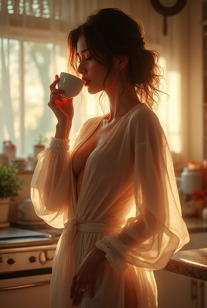 ????? teen holds a cup of coffee in the romantic light from the the window