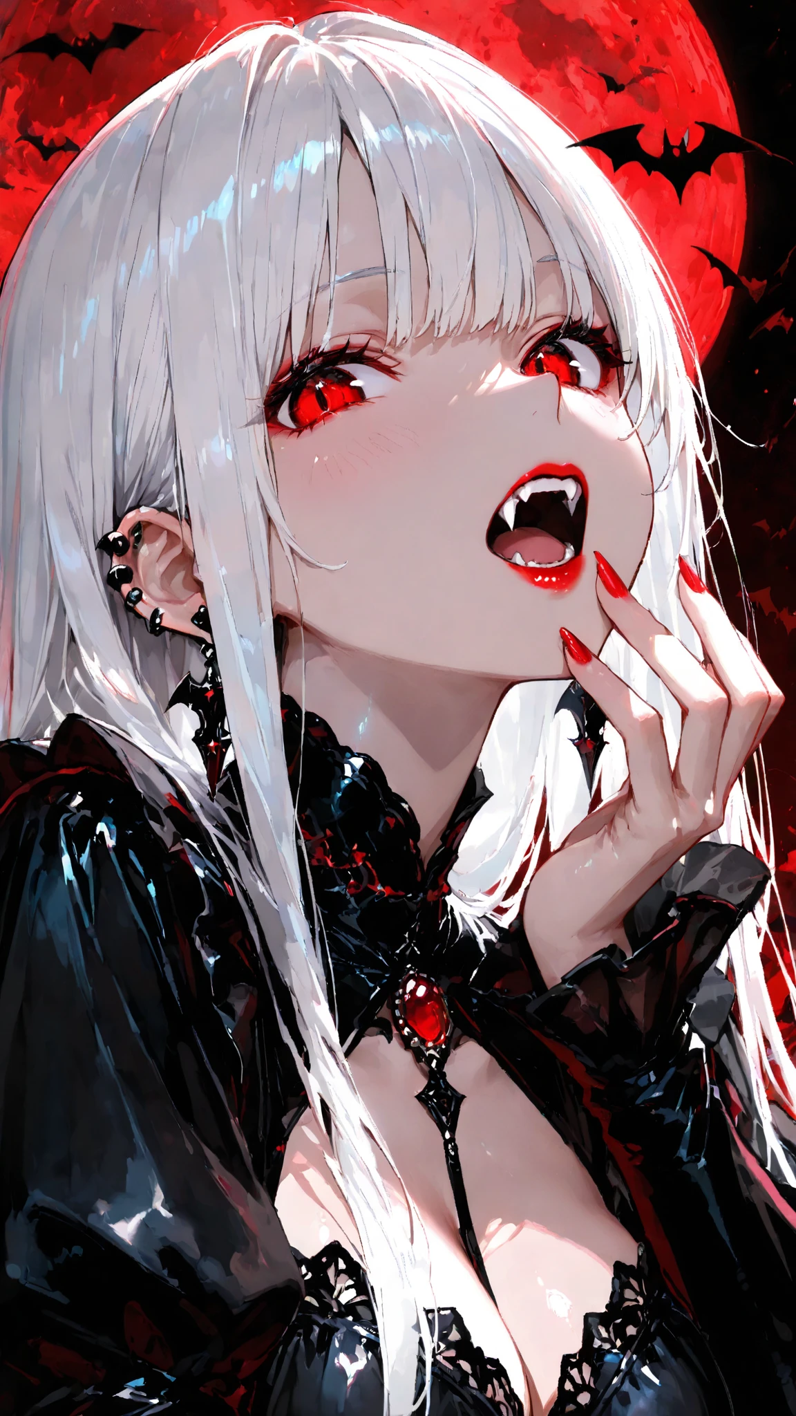 Shiny skin,Cute,748cmstyle, (masterpiece:1.2, best quality), (beautiful detailed eyes:1.2), ((beautiful girl)), (very detailed CG, ultra detailed), (very detailed and beautiful:1.1), (perfect details:1.1), a digital art of a woman with bright red lipstick and white teeth, 1girl, solo, red eyes, long hair, jewelry, white hair, vampire, dress, looking at viewer, black dress, earrings, a large red full moon background, bats, bangs, breasts, ear piercing, fangs, open mouth, red nails