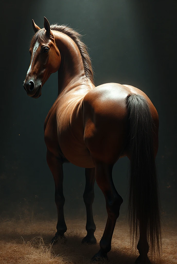 big fat Belgian draft horse mare. massive bum. very short tail. horse facing horizon . very full figured, very dark skinned, , African woman riding horse. flat grass meadow. a single huge pile of steaming horse dung behind horse. cloudless blue sky.