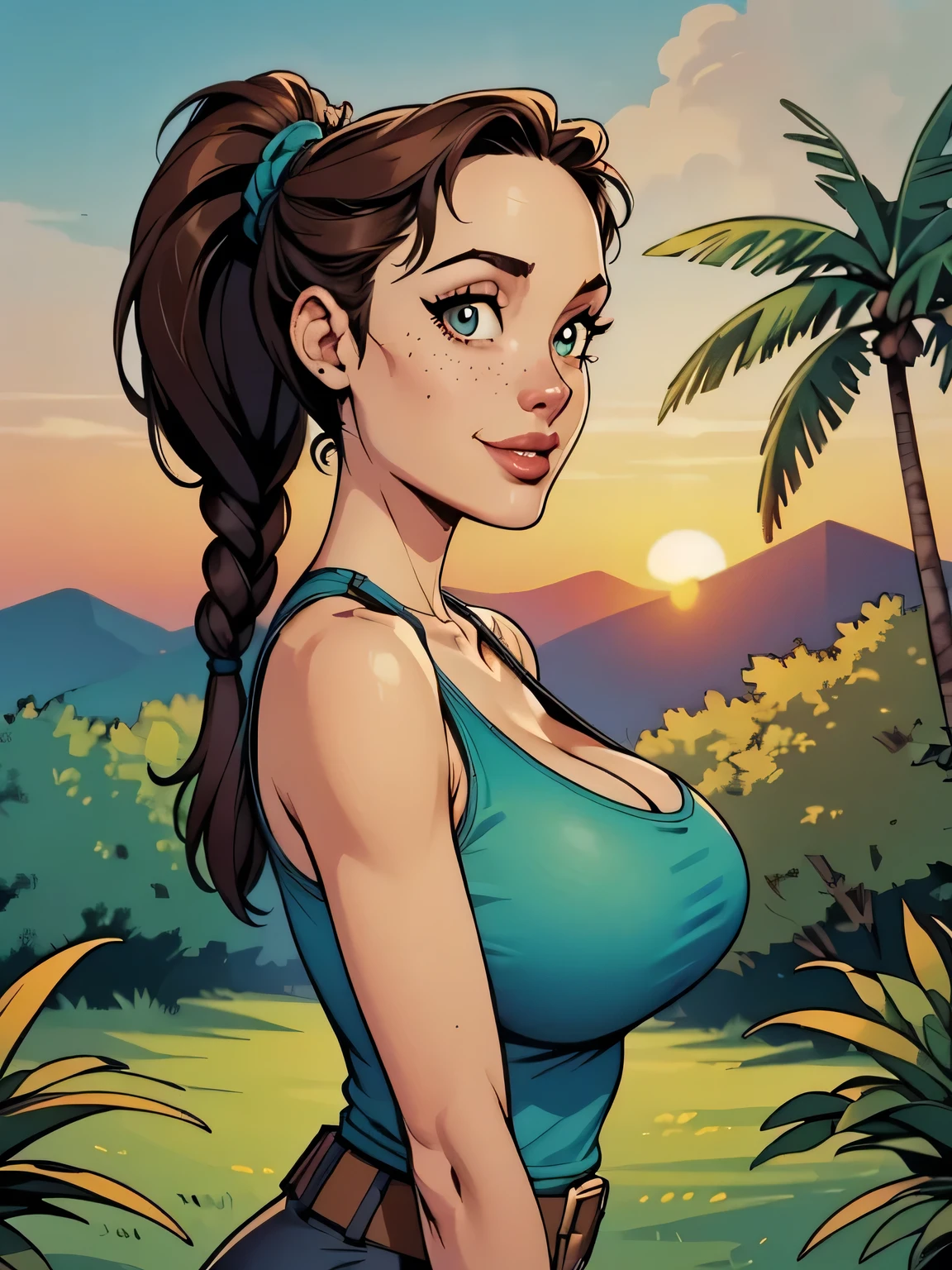 ( linhas absurdas, high definition, ultra fino, Take care of your hand ) Close up of a thin and athletic woman (Lara Croft), 25 anos, 16k (( high definition )), sorriso lindo, olhar sedutor ((looking at the spectator)), olhos castanhos, wearing a teal blue tank top (( decote em v, sem mangas )), cintura fina, She wears a brown belt, arms on the sides of her body, pele morena, cabelo castanho (( with a braided ponytail  )), She is alone in a dense jungle (( upper body, From head to waist , side view 3.4)), with freckles on the neck and breasts, (( big round breasts 3.4)), (( Well defined collarbone)). estilo cartoon (( QG )), jungle and sunset in the background.