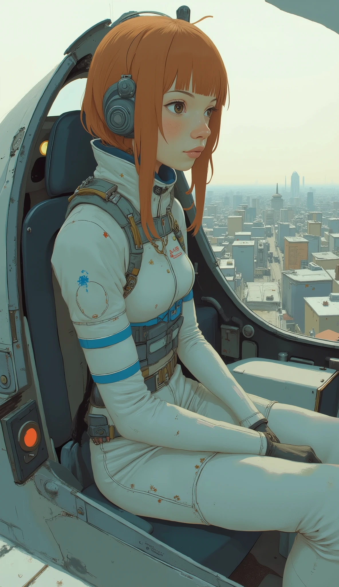 profile、Taken from the bottom、 Female Pilot ,Thin body-fitting bodysuit with blue accents on a futuristic white background、The body line is clear,Transparent full face helmet,Red hair、with matching bangs、beautiful american girl、very big breasts、The cockpit showing the exterior view enhances the pilot's visibility, is narrow,Sitting in the cockpit of a 、During combat、looking up diagonally、Dynamic、Action、Futuristic fighter cockpit、heroine、Dynamic Composition、Dynamic Angle、