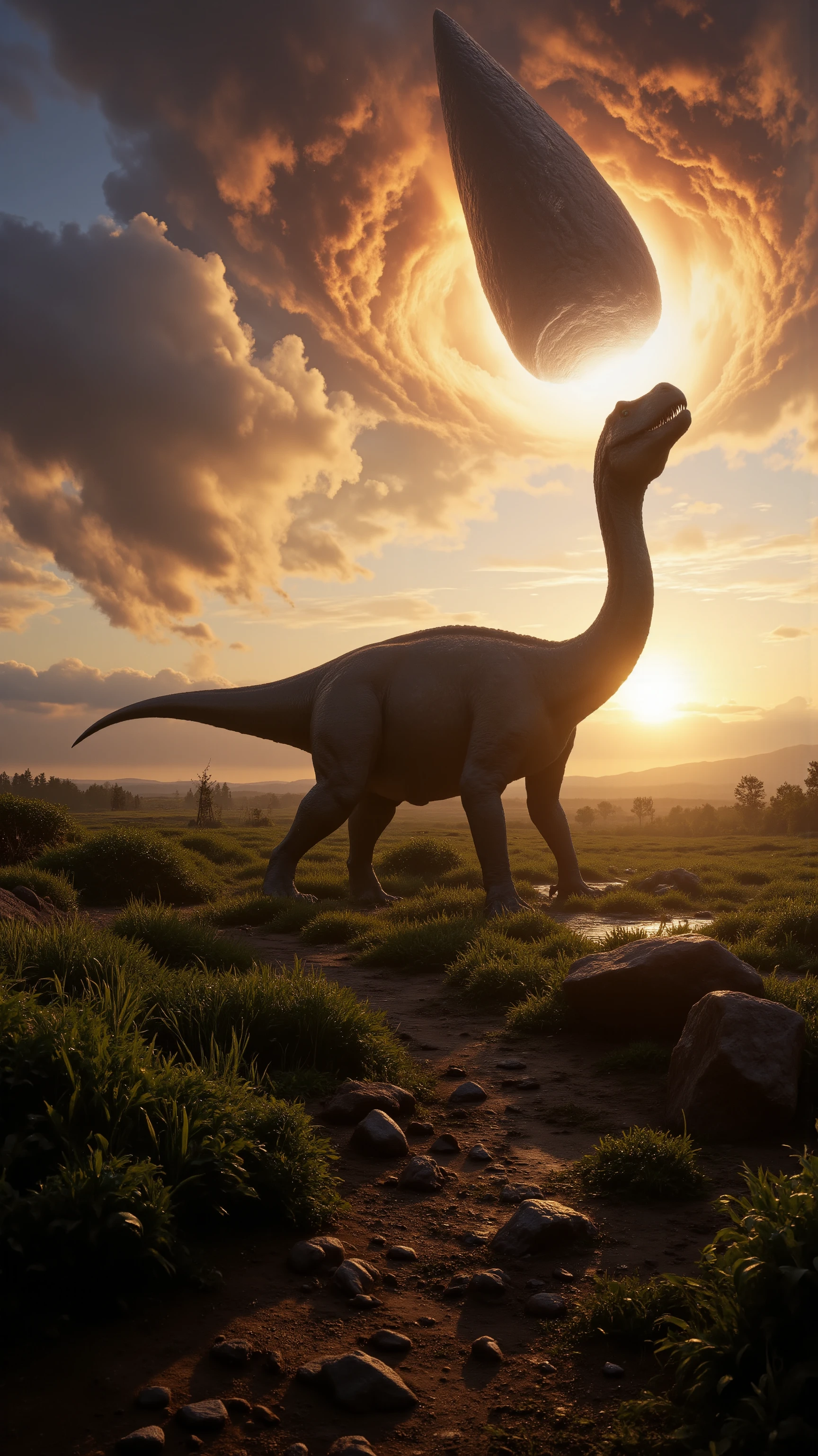 high-definition images、Last day of the Cretaceous period、６６００drawing、the moment the Chukshulub meteorite collided in front of a Tyrannosaurus or Brachiosaurus