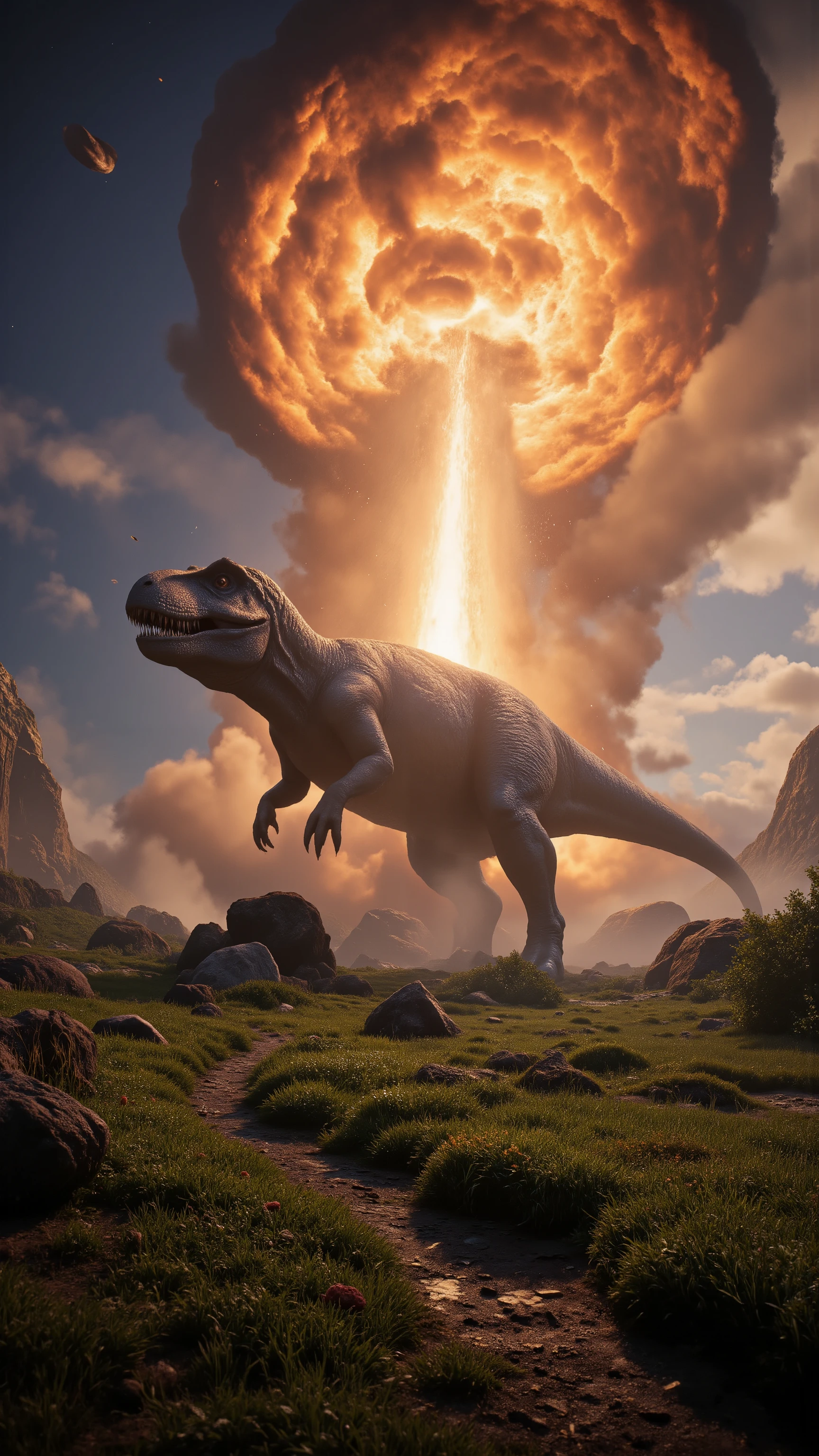 high-definition images、Last day of the Cretaceous period、6600drawing、the moment the Chukshulub meteorite collided in front of a Tyrannosaurus or Brachiosaurus