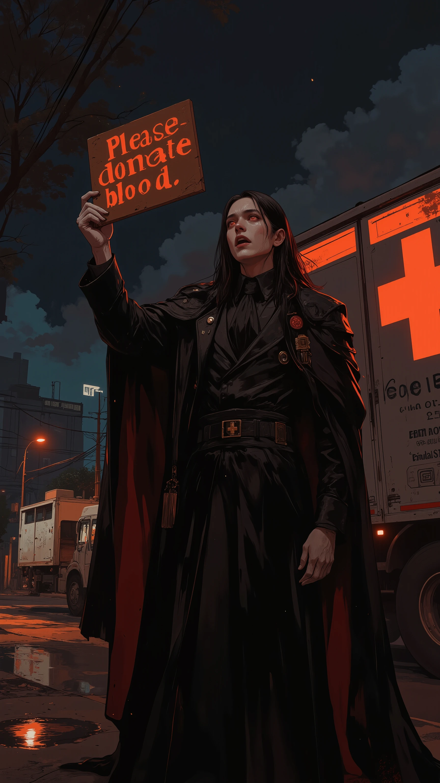 An elegant vampire, 、A gothic-style black cape and tailcoat, 、Long, dark hair, 、Bright red eyes, 、A sincere, anguished expression, 、Pale skin illuminated by the streetlight, 、Long fangs、With white-gloved hands, 「Please donate blood, !」With its head held high in front of a blood donation bus late at night, 、A figure holding up a sign that reads, 々と下げている、A white blood donation truck with a Red Cross mark shining brightly in the darkness of the night、the dark night sky、The dramatic light and shadow created by the orange light of the streetlight, 、A deserted urban street corner, 、The reflection of a puddle highlighted by the light, 、photorealistic、cinematic lighting、dark atmosphere、dramatic shadows、high detail