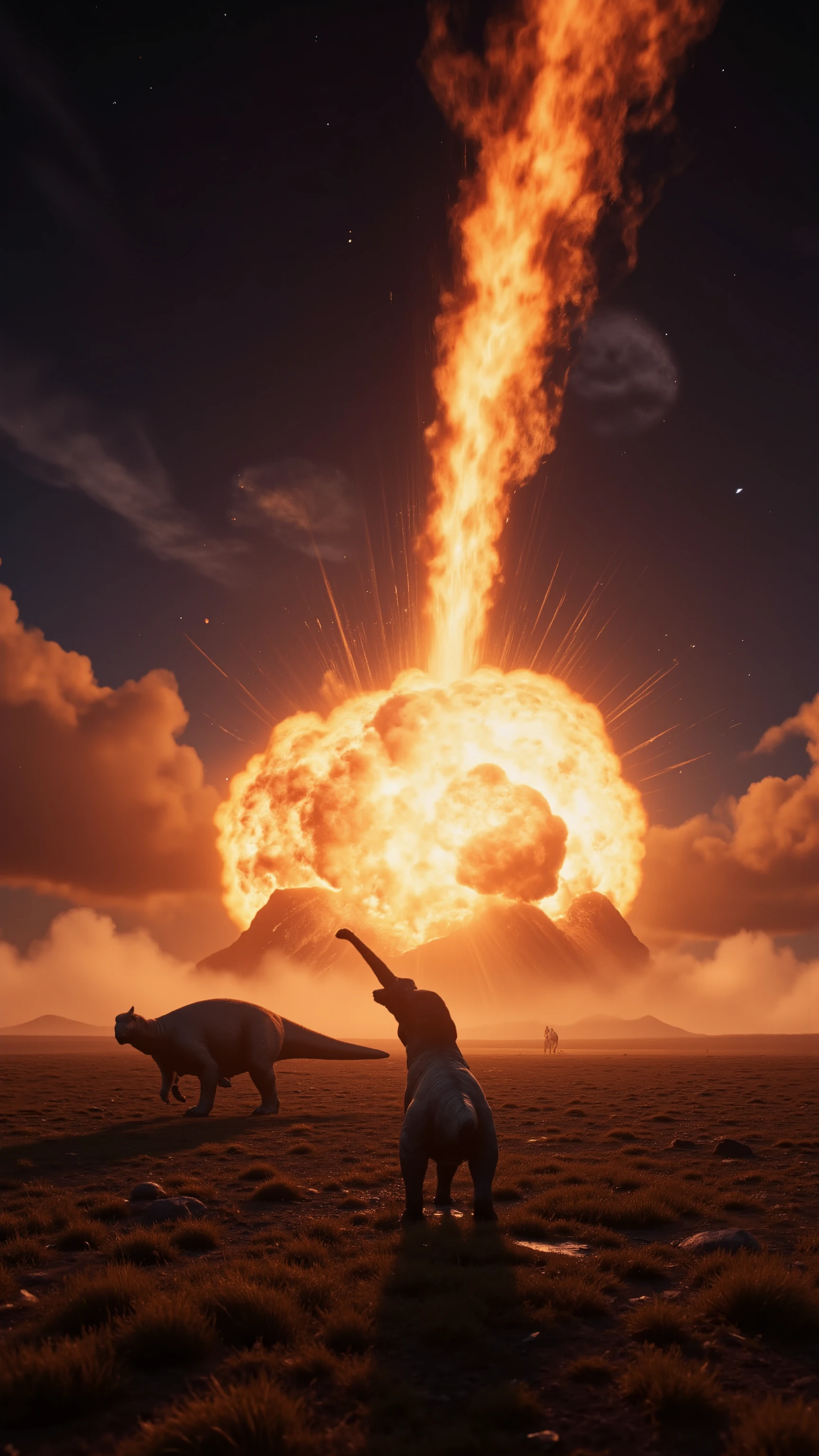 high-definition footage、the last day of the Cretaceous period、Depicted in 6600、when the Chukshulb meteorite collided in the distance、the moment a fire whirlwind or explosion reached in front of a tyrannosaurus or brachiosaurus