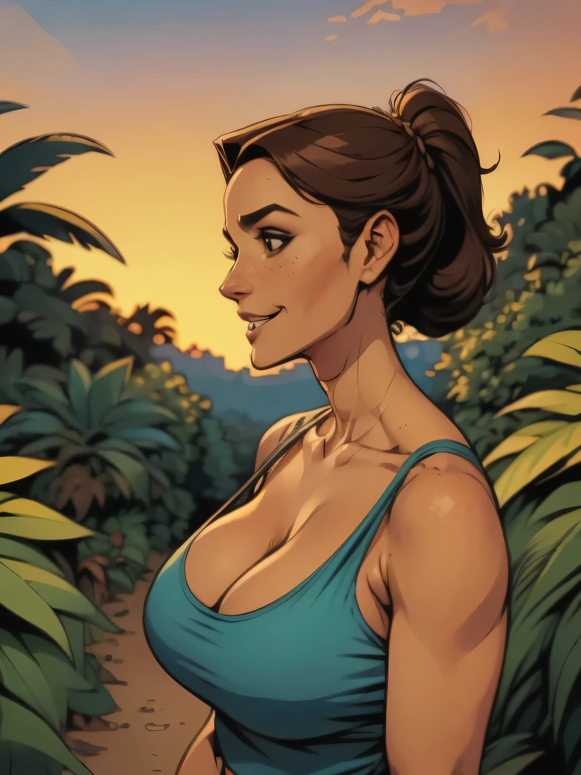 ( linhas absurdas, high definition, ultra fino, Take care of your hand ) Close up of a thin and athletic woman (Lara Croft), 25 anos, 16k (( high definition )), sorriso lindo, olhar sedutor ((looking at the spectator)), olhos castanhos, wearing a teal blue tank top (( decote em v, sem mangas )), cintura fina, She wears a brown belt, arms on the sides of her body, pele morena, cabelo castanho (( with a braided ponytail )), She is alone in a dense jungle (( upper body, From head to waist , side view 3.4)), with freckles on the neck and , (( big round 3.4)), (( Well defined collarbone)). estilo cartoon (( QG )), jungle and sunset in the background.