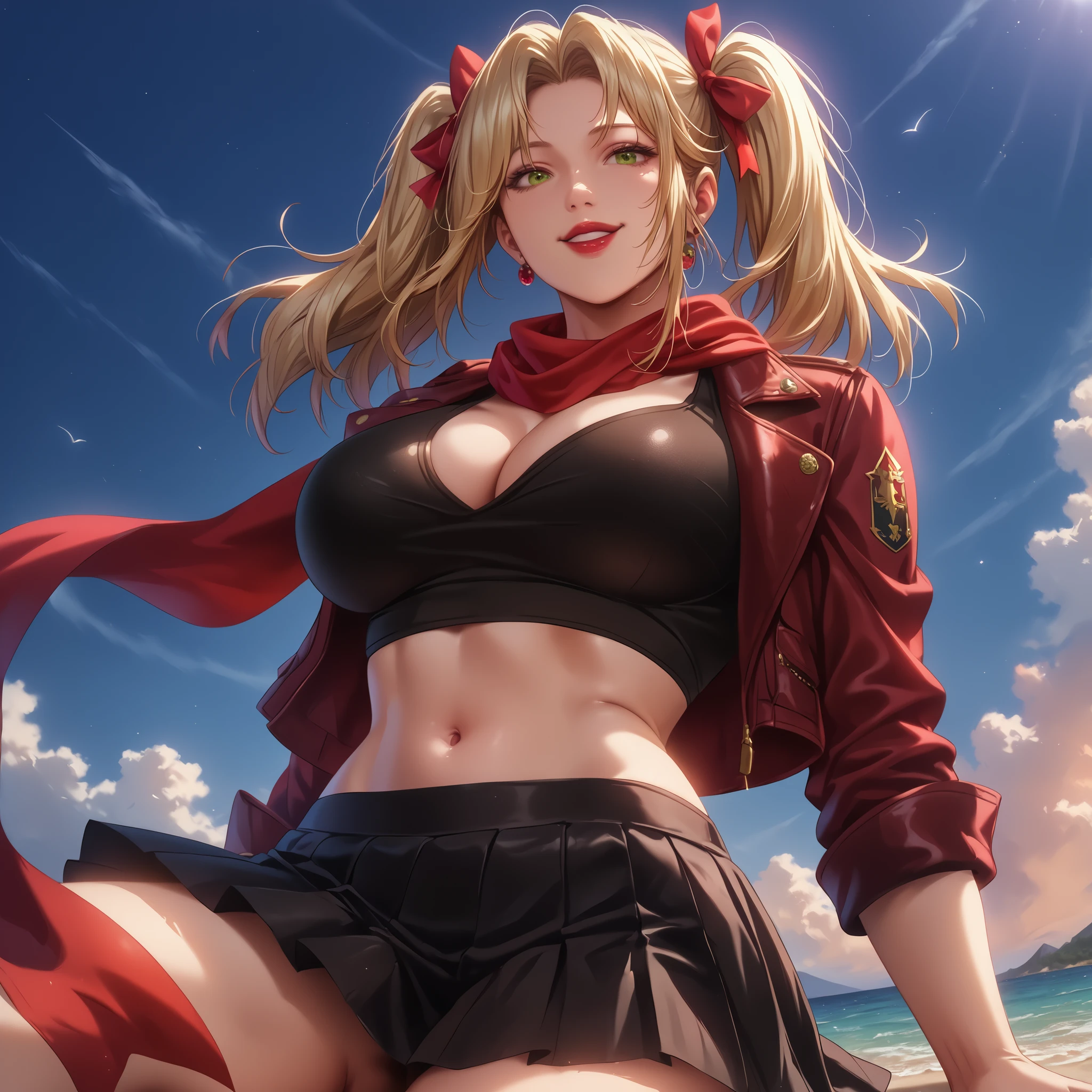 (masterpiece , best quality:1 . 15), red lips, masterpiece, best quality, amazing quality, very beautiful, absurd, latest, scenery, anatomically correct, 16k, UHD, accurate, expressive, dynamic angle, illustration, ultra-detailed, , {{detailed shading, detailed skin}}, {{realistic skin}}, (best quality:1.2), (masterpiece:1.2), (highres:1.3), (extremely detailed:1.2), highly detailed face, symmetrical face, BREAK, 1 girl, solo girl, detailed face, gorgeous face, solo , female, (best quality, highres), perfect hands, five fingers on each hand,  blonde, twintails, ribbons, green eyes, black top, , happy, high energy, red lips, leather jacket, pleated skirt, black skirt, thick thighs, young woman, red scarf, exposed navel, curvy, boots, beachside, seaside village, cute pose, young energetic woman, red nails, wide , dutch angle, low angle, 