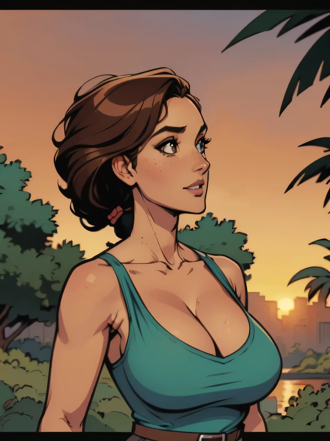 ( linhas absurdas, high definition, ultra fino, Take care of your hand ) Close up of a thin and athletic woman (Lara Croft), 25 anos, 16k (( high definition )), sorriso lindo, olhar sedutor ((looking at the spectator)), olhos castanhos, wearing a teal blue tank top (( decote em v, sem mangas )), cintura fina, She wears a brown belt, arms on the sides of her body, pele morena, cabelo castanho (( with a braided ponytail )), She is alone in a dense jungle (( upper body, From head to waist , side view 3.4)), with freckles on the neck and , (( big round 3.4)), (( Well defined collarbone)). estilo cartoon (( QG )), jungle and sunset in the background.