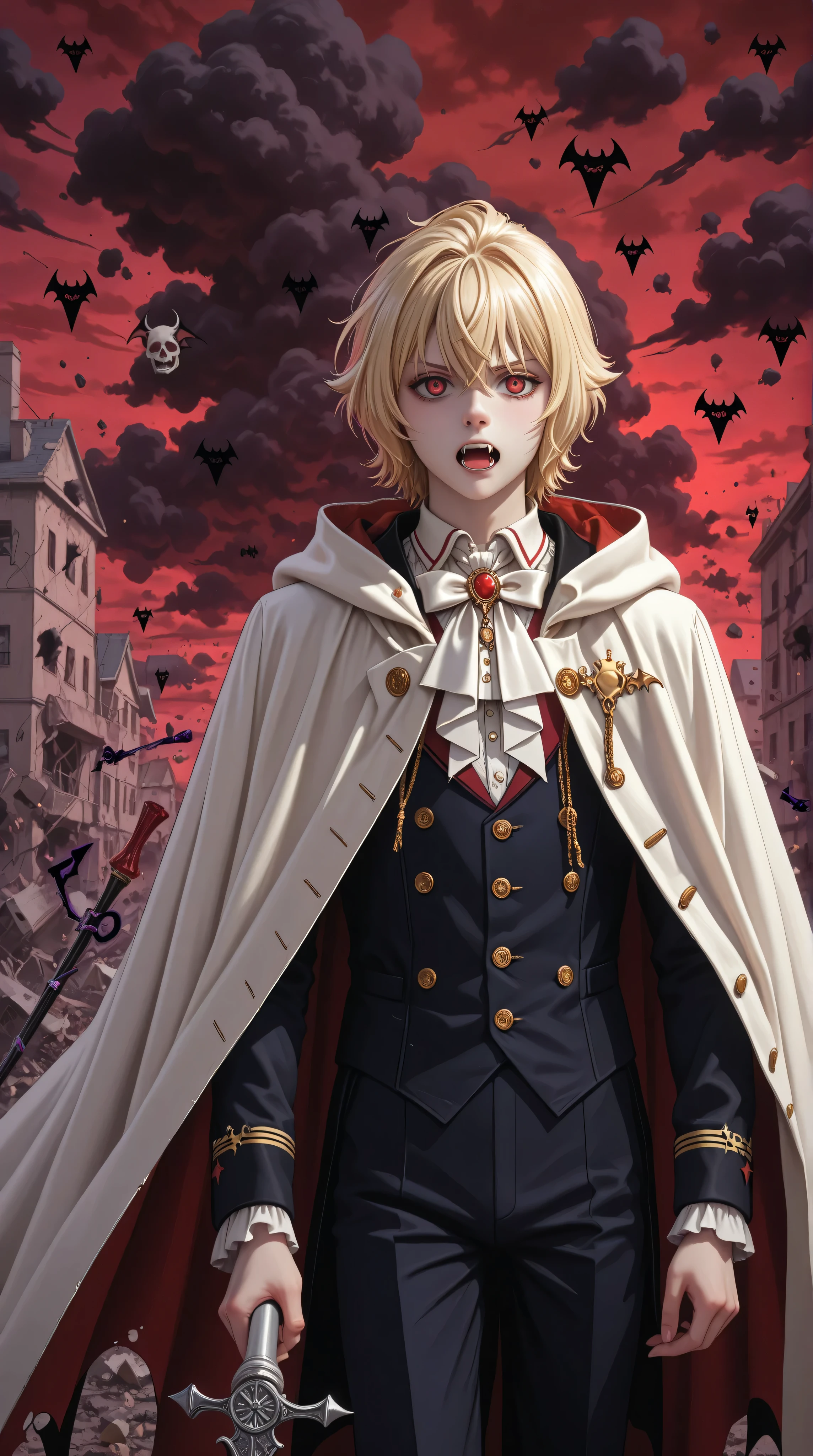 ultra realistic photograph, mikaela hyakuya (((Noble Vampire,))) young adolescent of supernatural beauty, pale porcelain skin with an ethereal sheen, platinum blonde hair floating softly, eyes penetrating greyish blue with supernatural shades, immaculate white gentleman's uniform with gold details, white cape with hood fluttering dramatically, ornate sword with silver grip on left hand, noble and elegant posture, serene but melancholic expression, (((white vampire fangs stick out of his mouth))) ruined city with destroyed buildings in the background, (((Red sky with menacing clouds))), gloomy post-apocalyptic atmosphere, dramatic night lighting, flashes of the moon crossing clouds, faint fog at ground level, debris and visible destruction, visual style dark fantasy meets vampire knight, high definition in real details of face and elegant