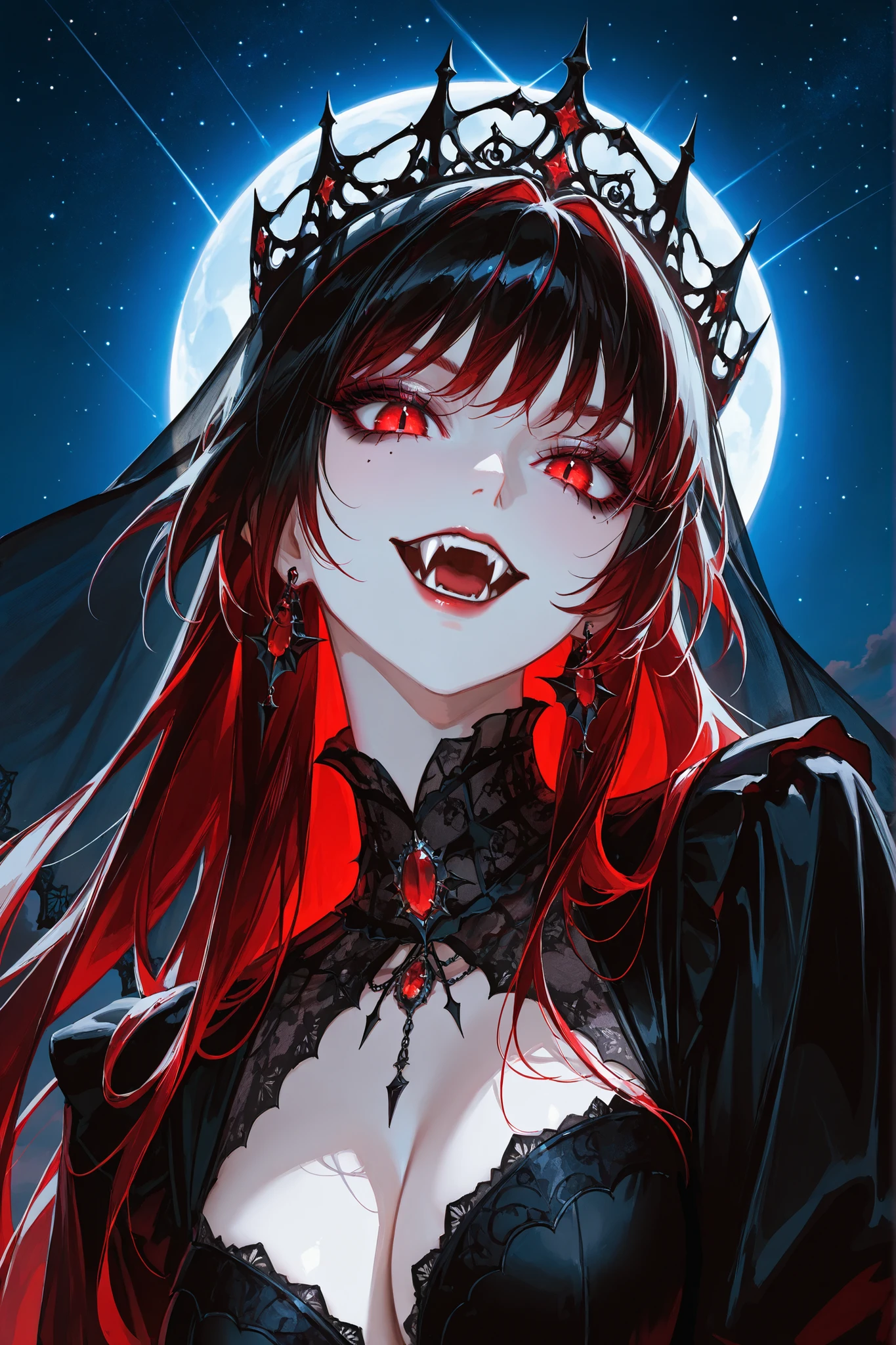 best quality, Ultra clear photo, ultra-detail, aristocratic vampire woman, vampire fangs , exquisite black crown, flowing black veil, red predatory eyes, perfect makeup, pale flawless skin, majestic pose, starry night sky, gothic aesthetics, dark beauty