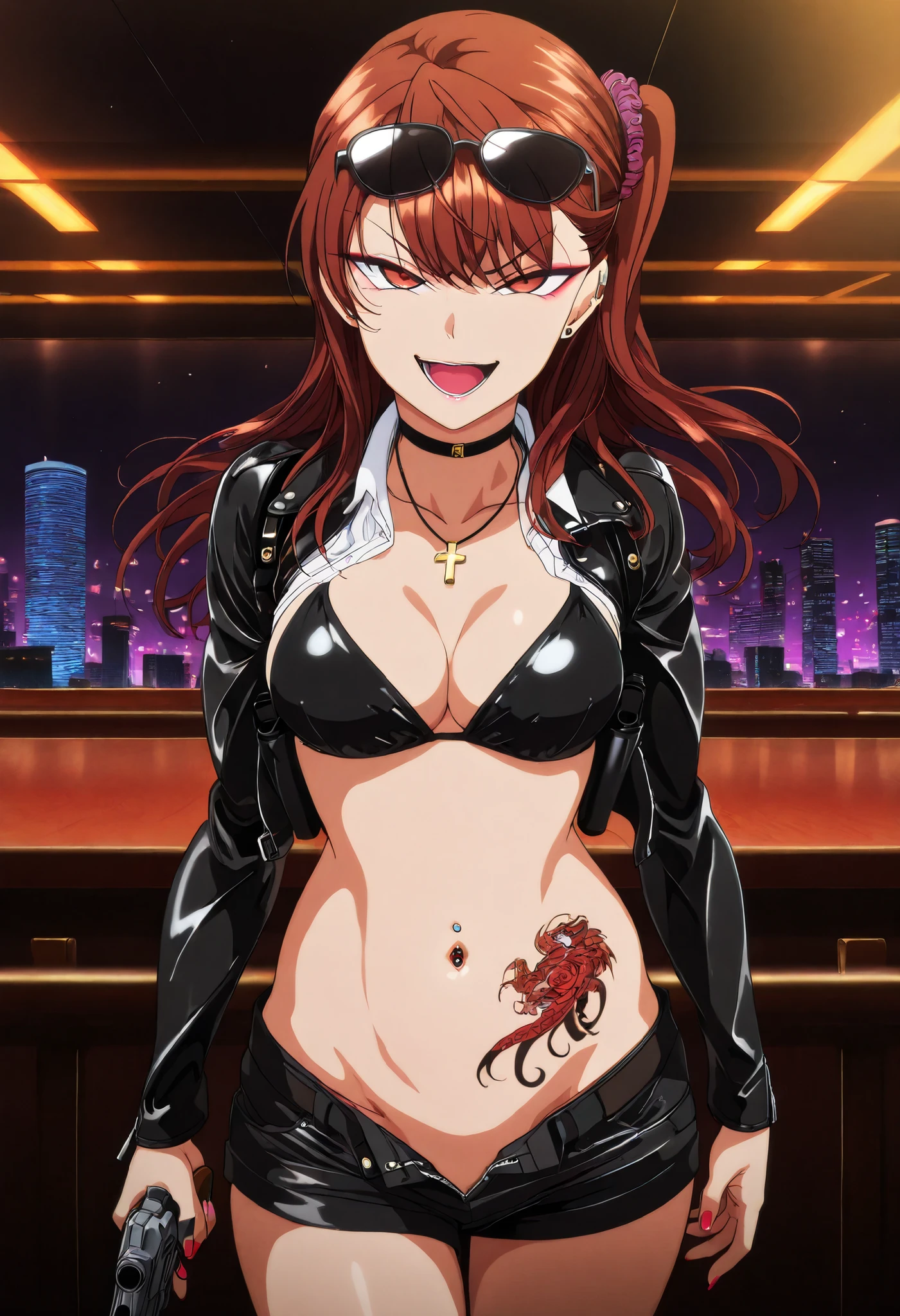 masterpiece,best quality,good quality,newest,
looking at viewer,
solo,IzumiNogami,1girl,brown hair,long hair,hair scrunchie,one -side -up,brown eyes,
nail polish , , makeup , ear piercing , long hair , lipstick , Hot girl , baddie , smoking , sensual , attractive , choker , cross necklace ,bar background, inside bar, indoors, cityscape, casino, nightclub, city lights,, masterpiece , best quality , highly detailed , a girls with a gun , evil smile , open mouth , sexy gaze , badass pose , evil smile , smile , (nsfw) not safe for work , guns blazing , anime girl with long hair , beautiful long haired girl , navel , evil expression , exposed belly , exposed navel , exposed midriff , exposed lower belly , , cleavage , unbuttoned shorts , open fly , shorts , short shorts ,, leather jacket , holding a gun , holding pistol , unbuttoned shirt , collared shirt , knot , pull_down shorts , black short shorts , (show off panties , :1 . 2 , no panties) , zip up leather jacket , bikini top ,,, navel piercing, sunglasses on head,,, shoulder holster, medium breasts, waist dragon tattoo, narrowed eyes, tattoo waist, , anime screencap , anime coloring, looking at viewer , v-shaped eyebrows,