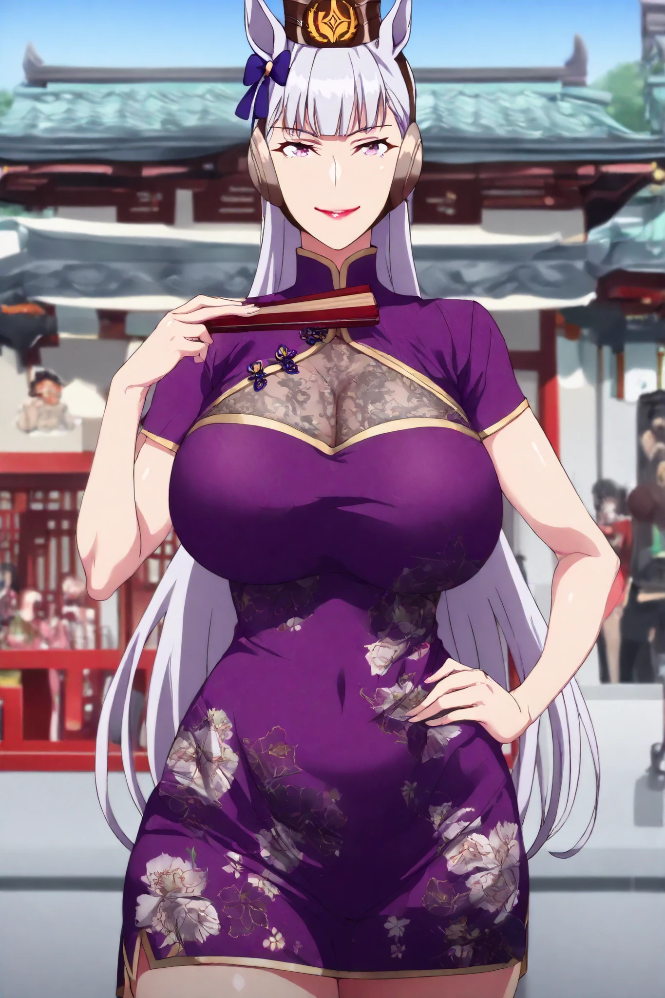 newest , masterpiece , anime screencap , anime coloring , horse ears, long hair, white hair, animal ears, horse girl, 1girl, solo, bangs, horse ractical body shape, glamorous bodies, attractive bodies, motherly, big Curvy, Slutty, Neat, ((dark purple short dress , dark purple china dress , dark purple turtleneck , floral print, chinese clothes, holding folding fan, see-through clothes, folded fan,)), smile, Lips, Red lipstick, view detailed body, (((Sexy,))), east asian architecture, city, chinese,