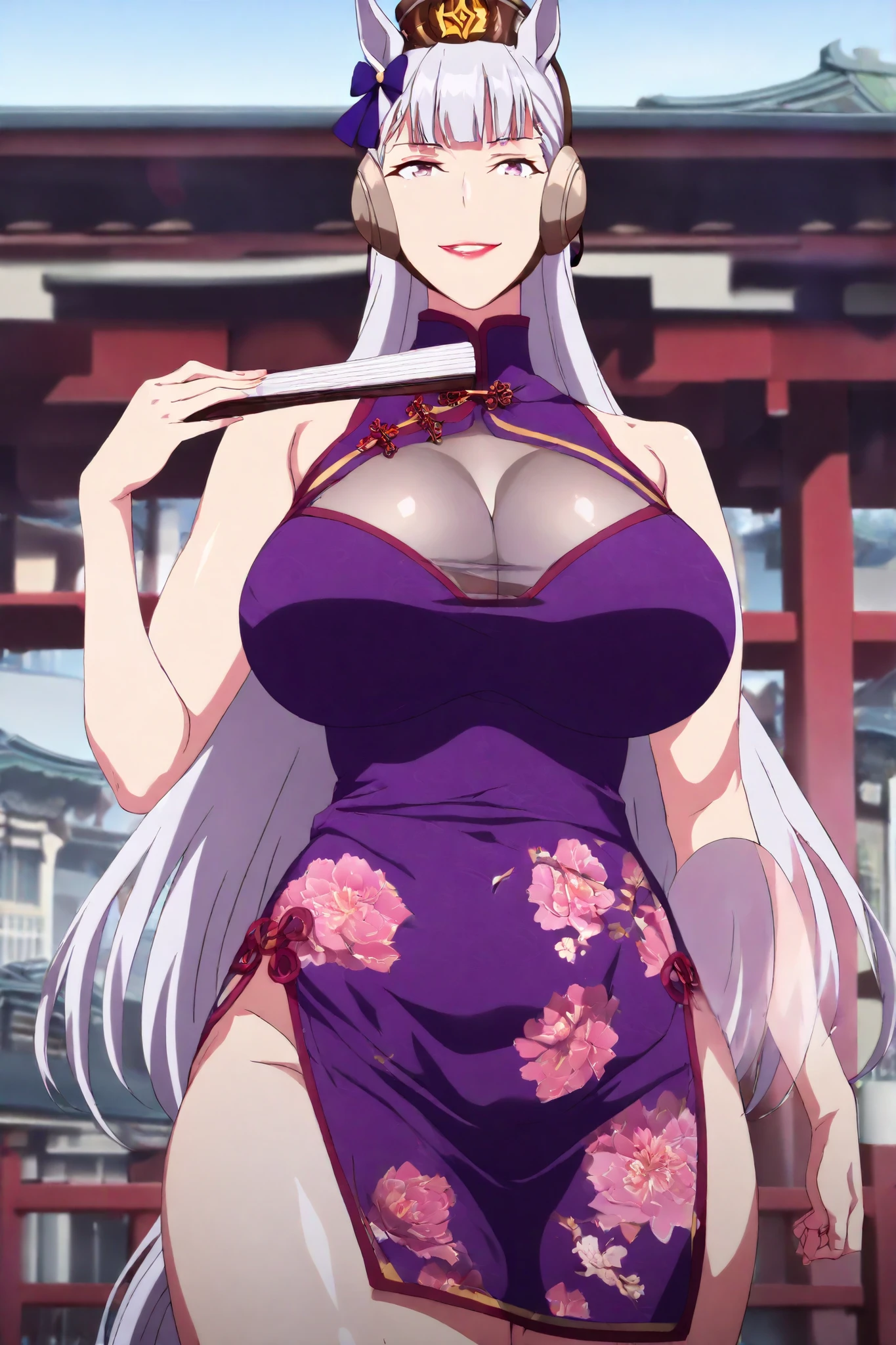 newest , masterpiece , anime screencap , anime coloring , horse ears, long hair, white hair, animal ears, horse girl, 1girl, solo, bangs, horse ractical body shape, glamorous bodies, attractive bodies, motherly, big Curvy, Slutty, Neat, ((dark purple short dress , dark purple china dress , dark purple turtleneck , floral print, chinese clothes, holding folding fan, see-through clothes, folded fan,)), smile, Lips, Red lipstick, view detailed body, (((Sexy,))), east asian architecture, city, chinese,