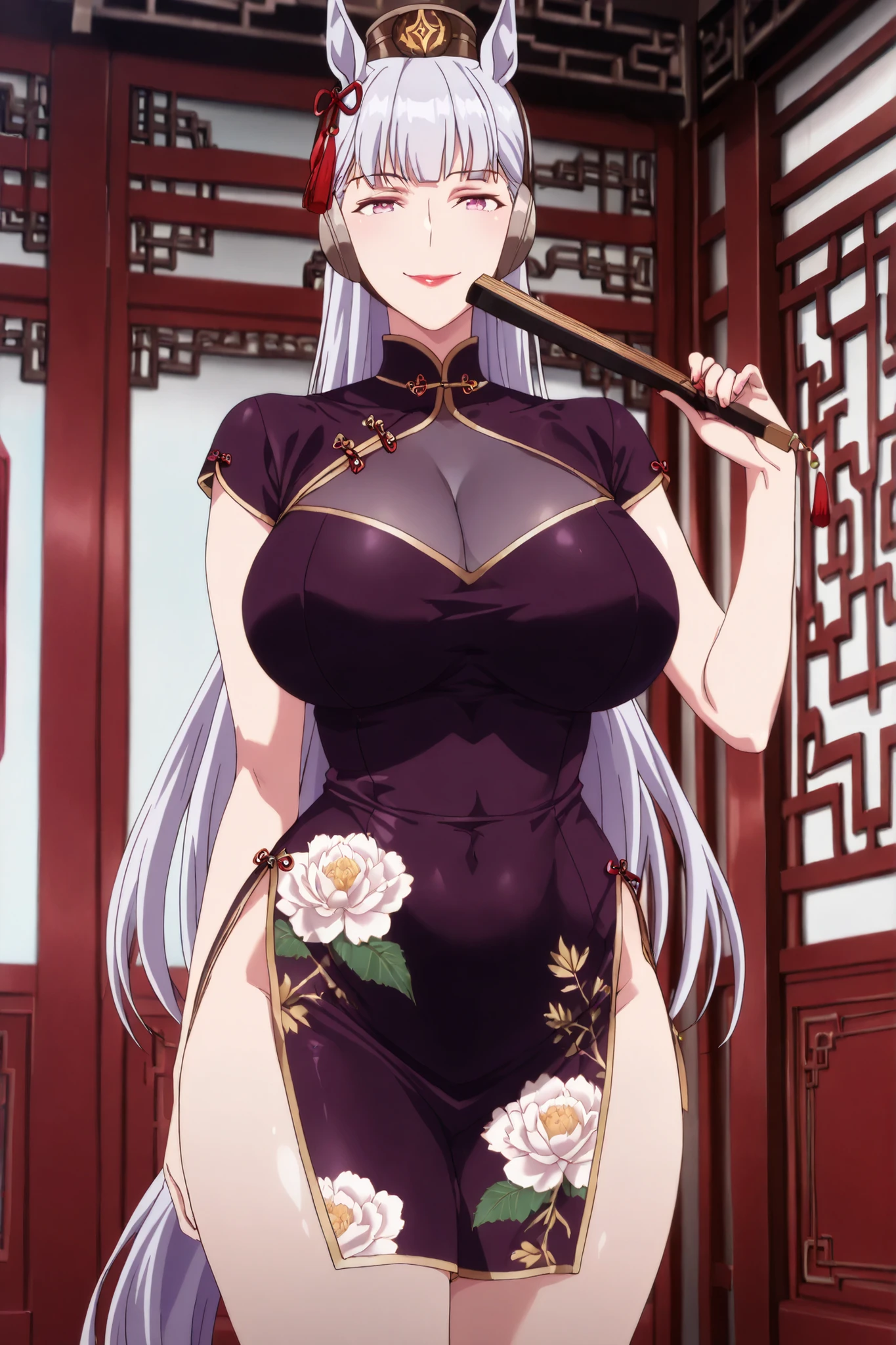 newest , masterpiece , anime screencap , anime coloring , horse, horse ears, long hair, white hair, animal ears, horse girl, 1girl, solo, ractical body shape, glamorous bodies, attractive bodies, motherly, big Curvy, Slutty, Neat, ((dark purple short dress , dark purple china dress , dark purple turtleneck , floral print, chinese clothes, holding folding fan, see-through clothes, folded fan,)), smile, Lips, Red lipstick, view detailed body, (((Sexy,))), east asian architecture, city, chinese,