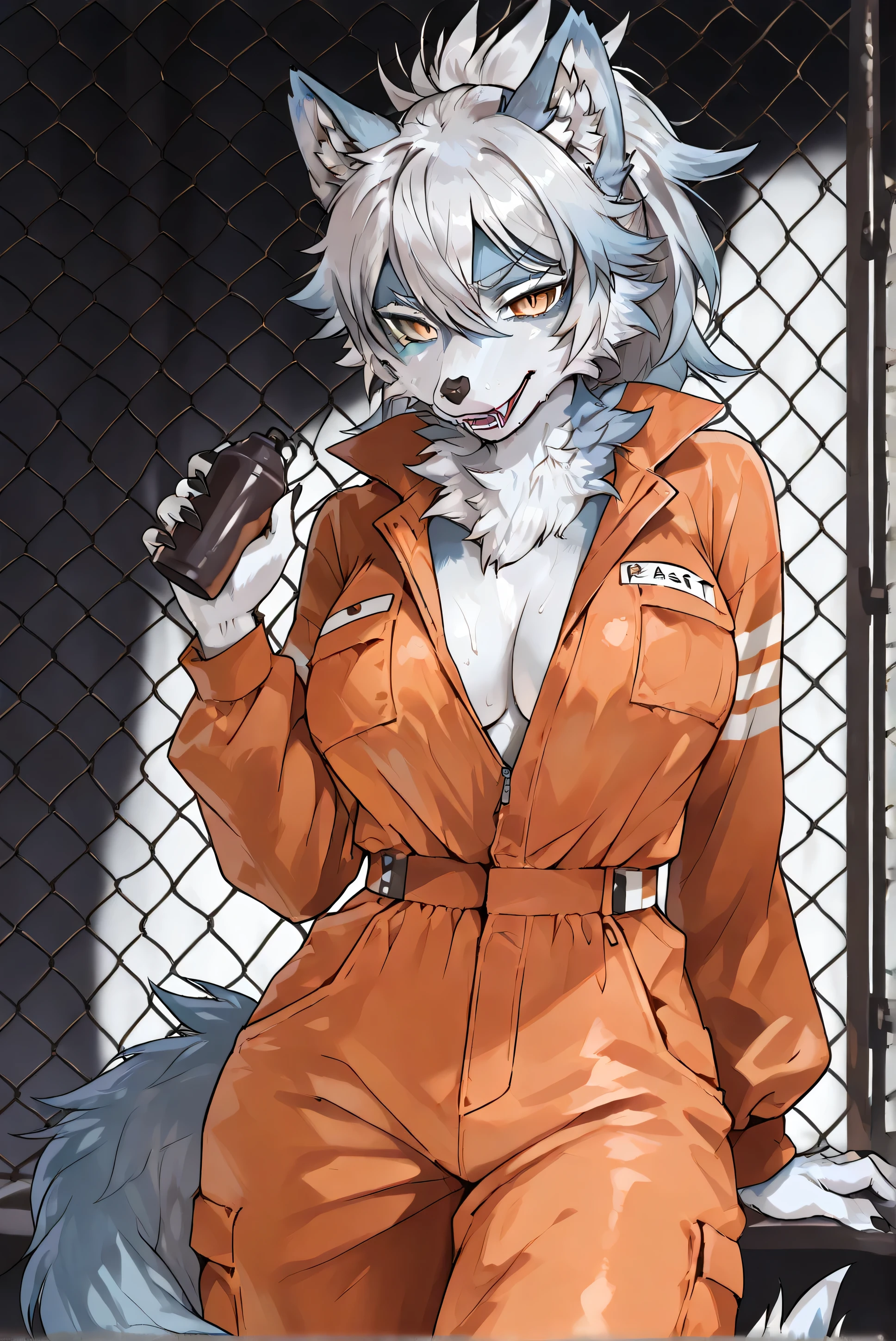 ((Best Quality))、(Beast face)、Heroine、Wolf Girl、orange jumpsuit、prison、girl、