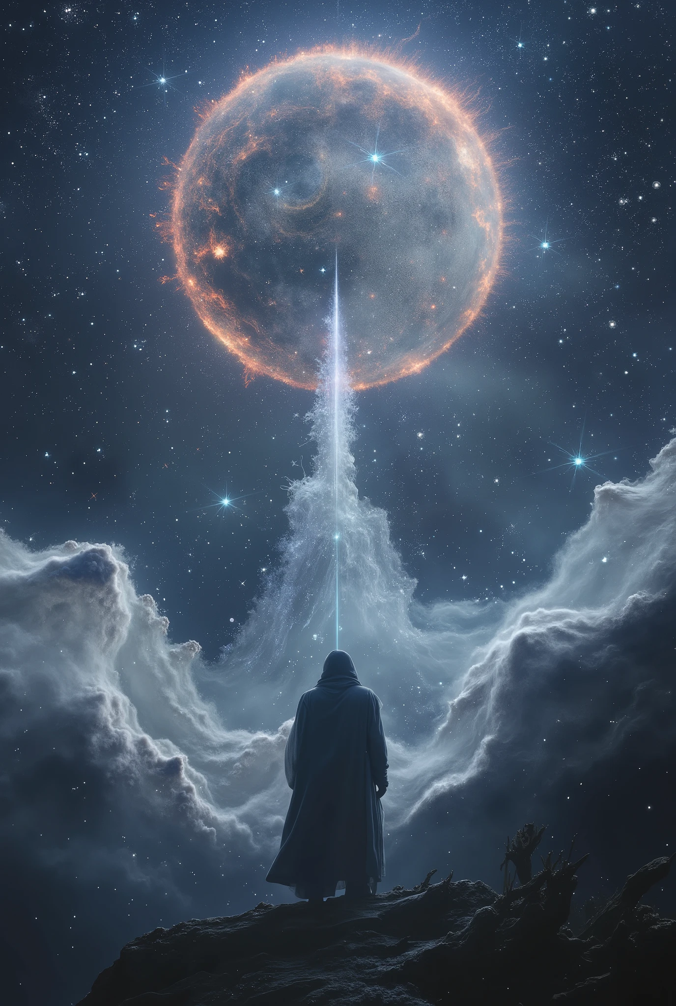 An epic silhouetted man in front of a large moon. A sky full of stars and a nebula. Intricate details, peaceful