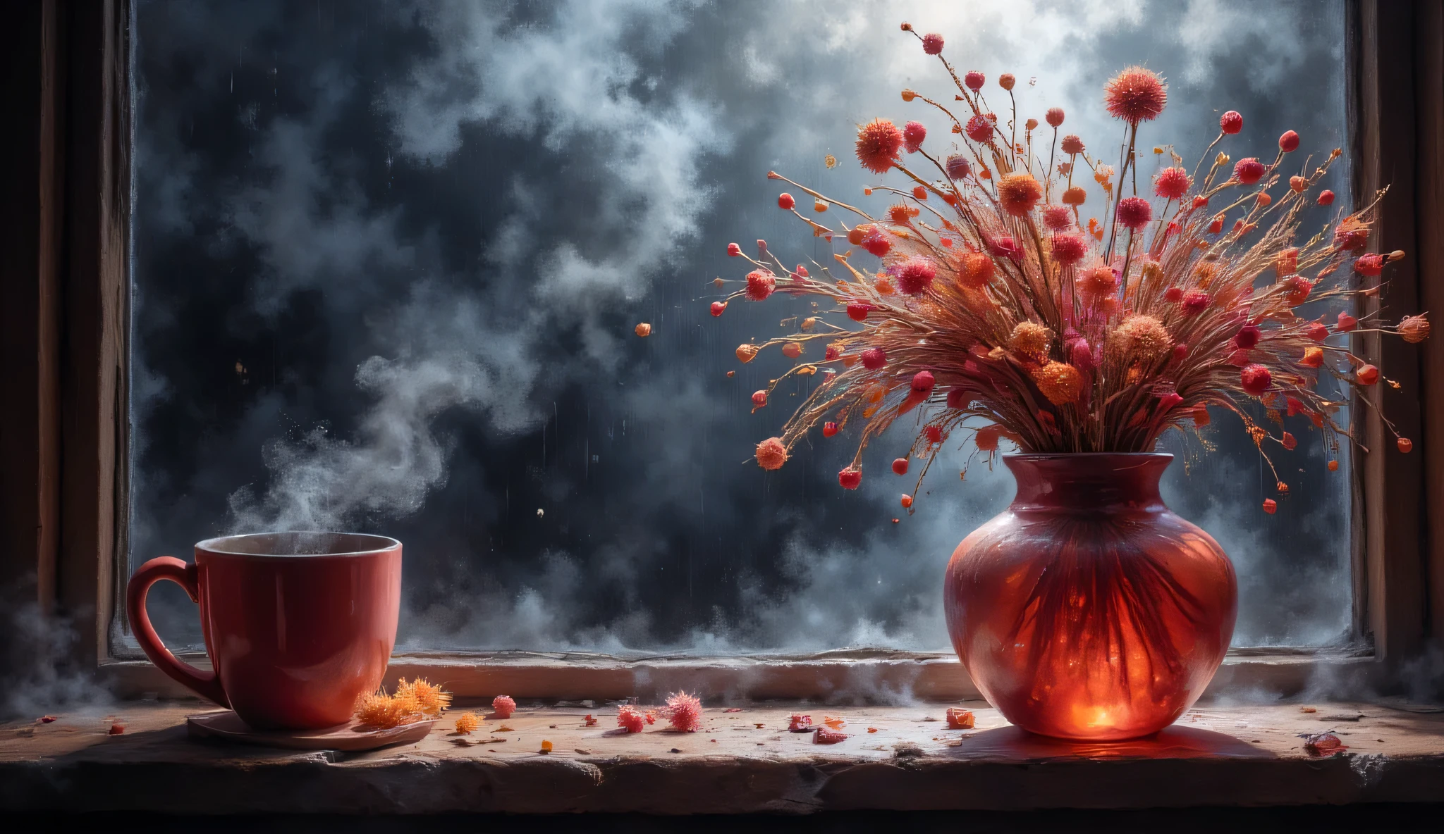 watercolour
computer graphics
anime 5D drawing
black background
very large raindrops very thick fog minimalism dried flowers berries window sill coffee mug steam red transparent tulle opaque vase