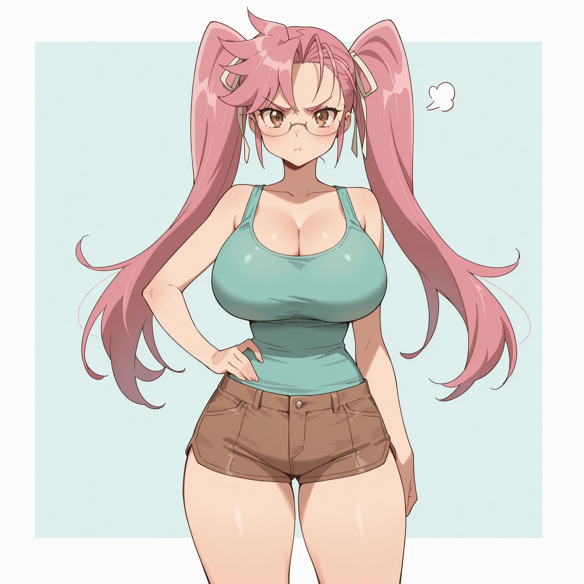masterpiece, ultra-HD, impressionism, high detail, best quality, very aesthetic, 8K, best quality, beautiful, ultra-high resolution, 32K UHD, 1girl, solo, saya takagi, long hair, ribbon, twintails, brown eyes, eyelashes, hair ribbon, pink hair, glasses, huge breasts, narrow waist, wide hips, thick thighs, shapely legs, slim, turquoise tank top, cleavage, brown shorts, blushed, angry, pout, hand on hips, standing, looking at the viewer, simple background, from the front view