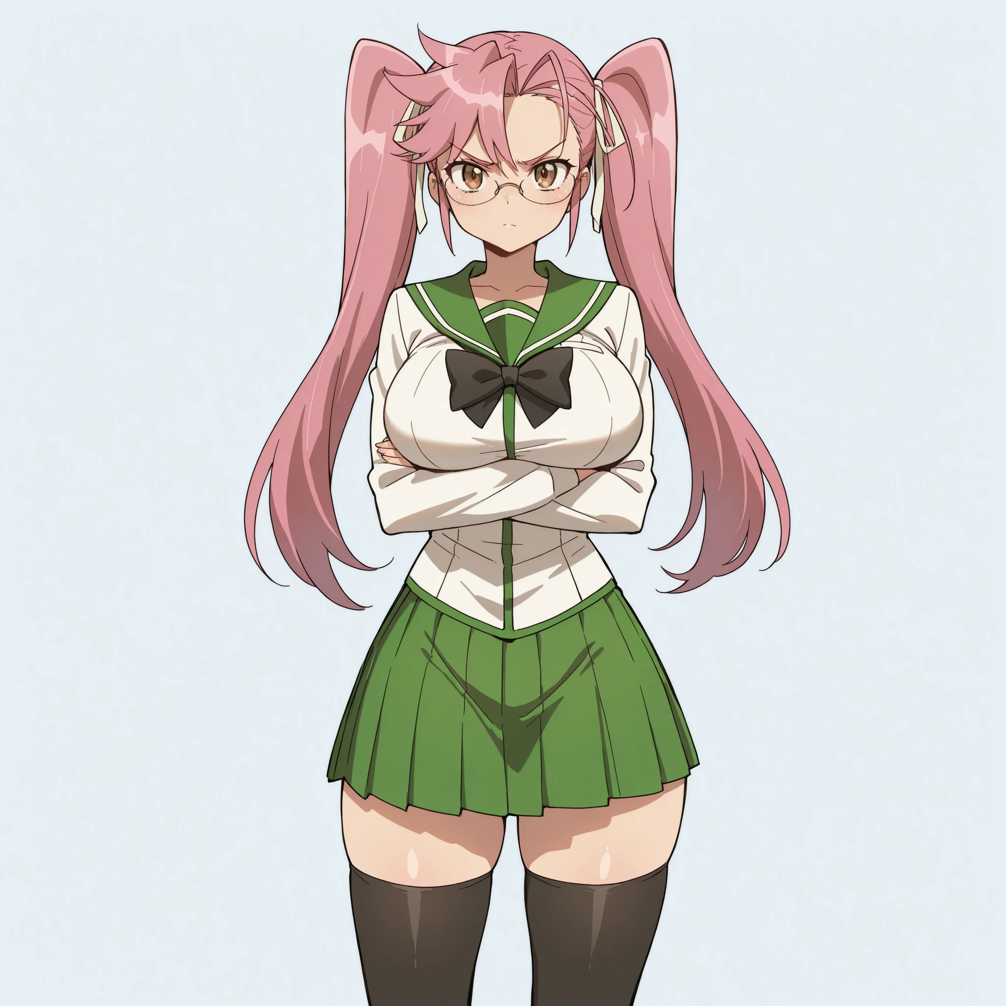 masterpiece, ultra-HD, impressionism, high detail, best quality, very aesthetic, 8K, best quality, beautiful, ultra-high resolution, 32K UHD, 1girl, solo, saya takagi, long hair, ribbon, twintails, brown eyes, eyelashes, hair ribbon, pink hair, glasses, huge breasts, narrow waist, wide hips, thick thighs, shapely legs, slim, skirt, thighhighs, school uniform, serafuku, zettai ryouiki, green skirt, bowtie, long sleeves, black thighhighs, black bowtie, blushed, angry, serious, crossed arms, standing, looking at the viewer, simple background, from the front view