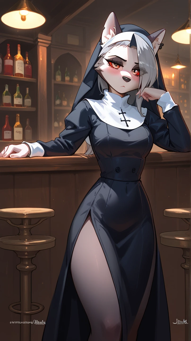 score_9, score_8_up, score_7_up, 1girl, edabl, blue eyes, blonde hair, parted bangs, large breasts, 
pink-tinted eyewear, traditional nun, veil, black habit, black dress, cross necklace, white cowl, chest harness, shoulder holster, black sleeves, sleeves rolled up, white pantyhose,
looking at viewer, smile, leaning back, sitting, lounging, holding drinking glass, holding whiskey, crossed legs, 
indoors, bar \(place\), dark, night, orange theme, alcohol, bar stool, 
anime screencap, anime coloring, 2000s \(style\), 
<lora:Eda-Edith-Blackwater-Black-Lagoon-PDXL_V1-Manityro-CAME:1.0>,