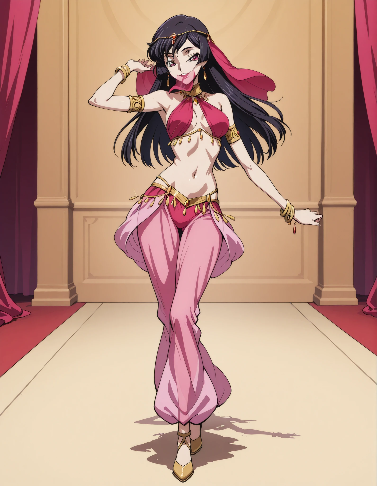 (1girl:1 . 5) , (Seul:1 . 5) , score_9 , score_8_haut , score_7_haut , source_anime , Official work , ultra-detailed , masterpiece , best quality selfie snapshot , high resolution , beaux yeux , detailed eyes , detailed face , beautiful detailed eyes ,Code Geass,Sakuya Sumeragi,Arabian Clothes , Arabian Dancer ,belly dancer costume ,full body,golden jewelery,mouth veil,armlet, belly dancing,arabian theater,seductive smile, dancing with veil, dynamic movement,dance posture, seductive pose